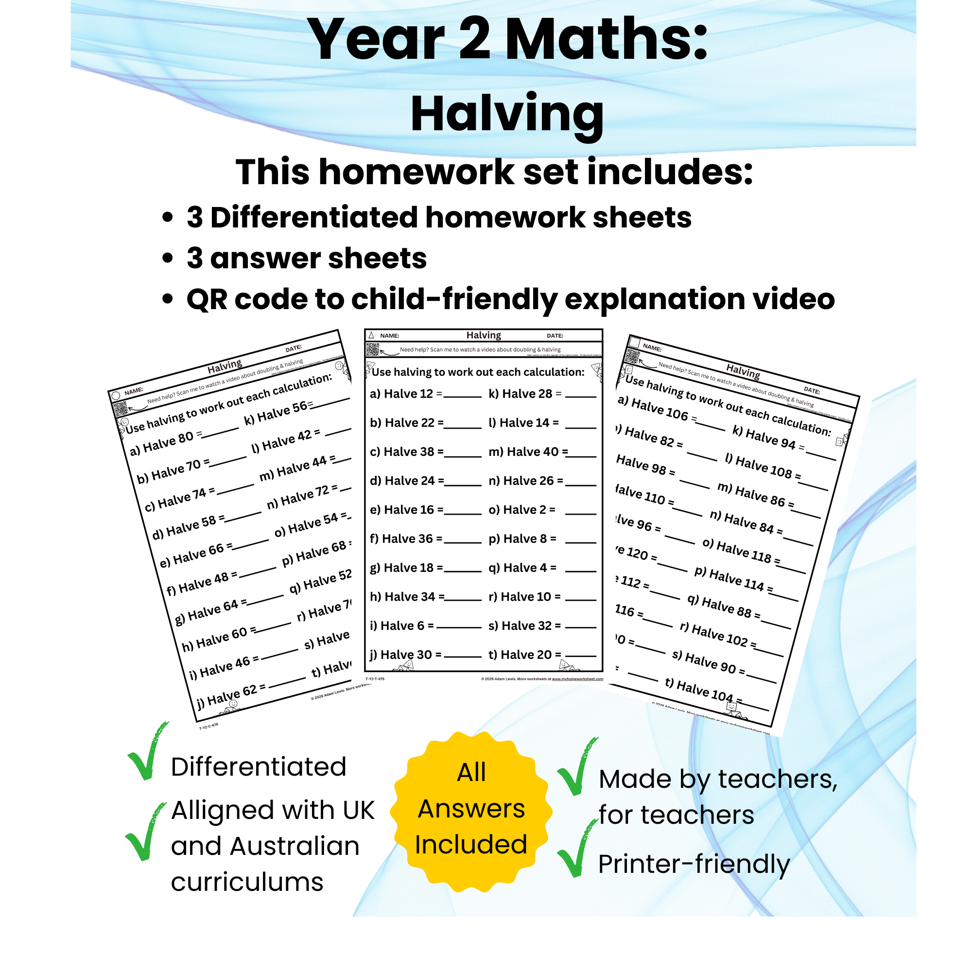 Year 2 Halving Worksheets | Differentiated Maths Homework 475-477