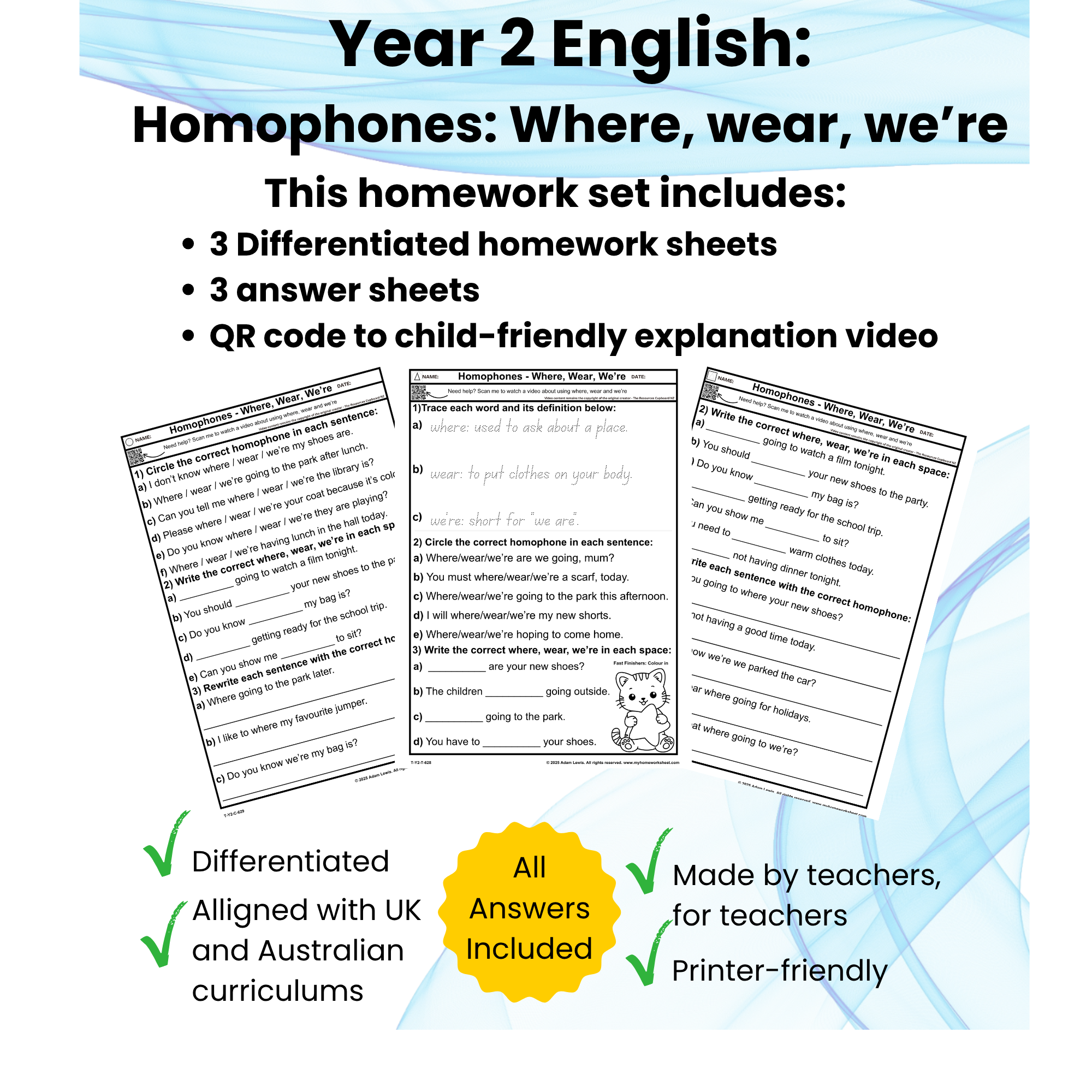 Year 2 Homophones Worksheet – Where Wear We’re (628-630)