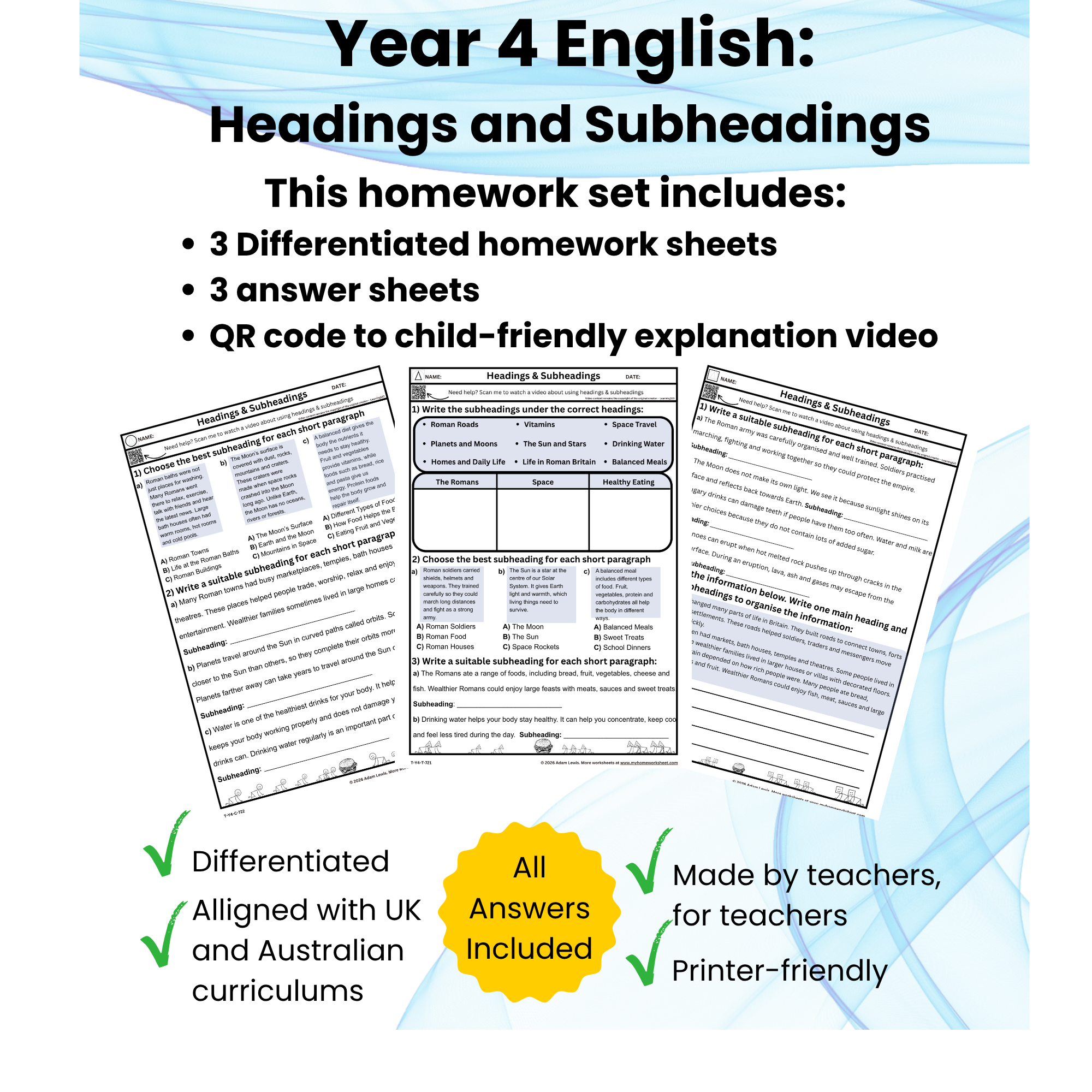 Year 4 Headings and Subheadings Worksheet Set (721-723)