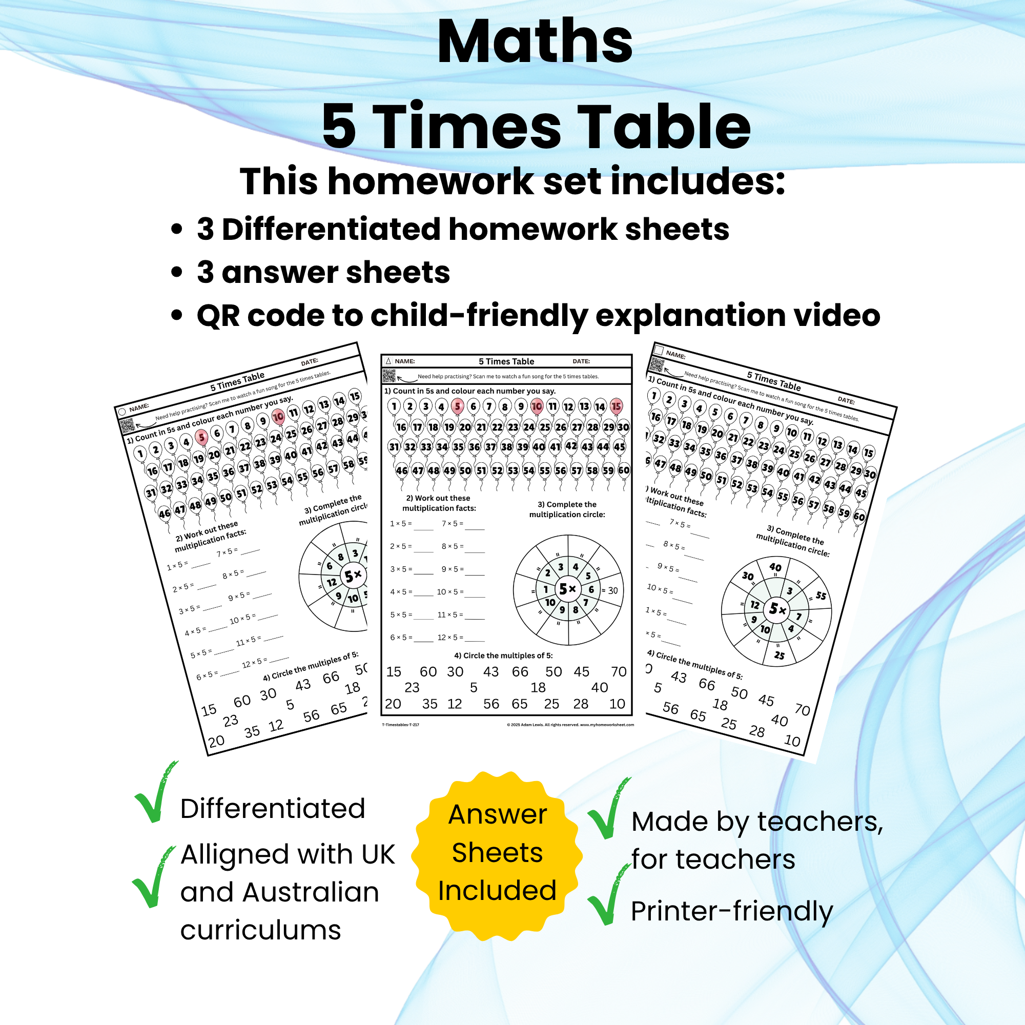 5 Times Table Worksheet Set (217-219)