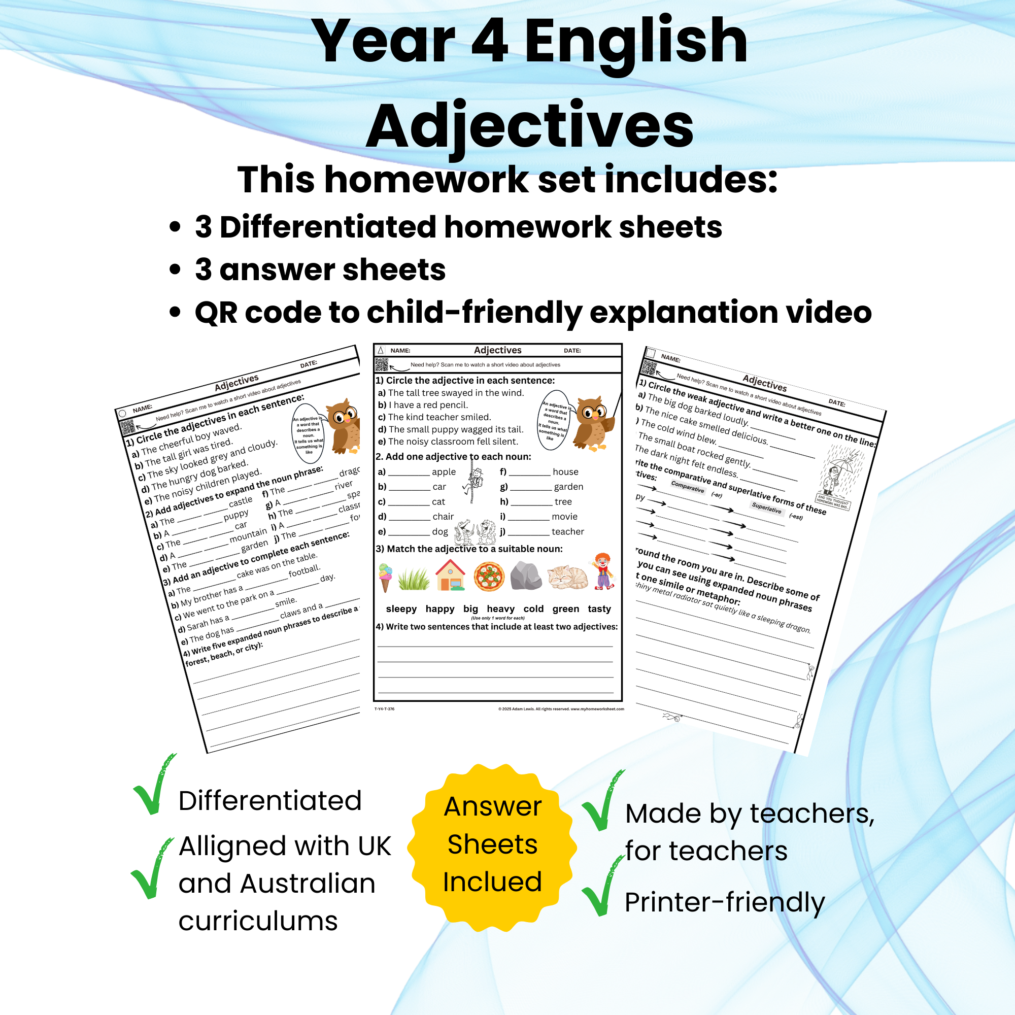 Year 4 Adjectives Worksheet Set 376-378 (3 Sets + 3 Answer sheets)