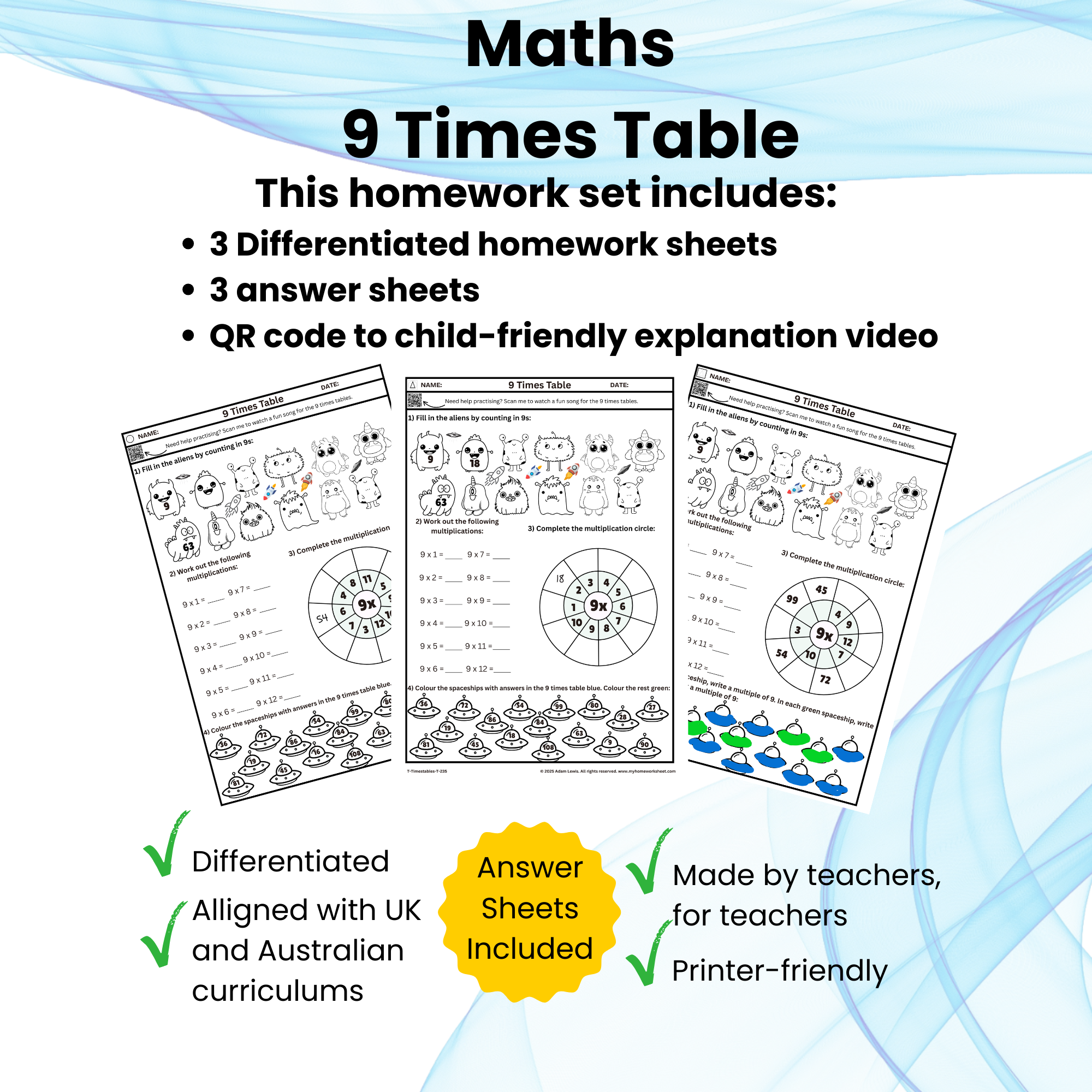 9 Times table Worksheet Set Set (6 pages) 235-237