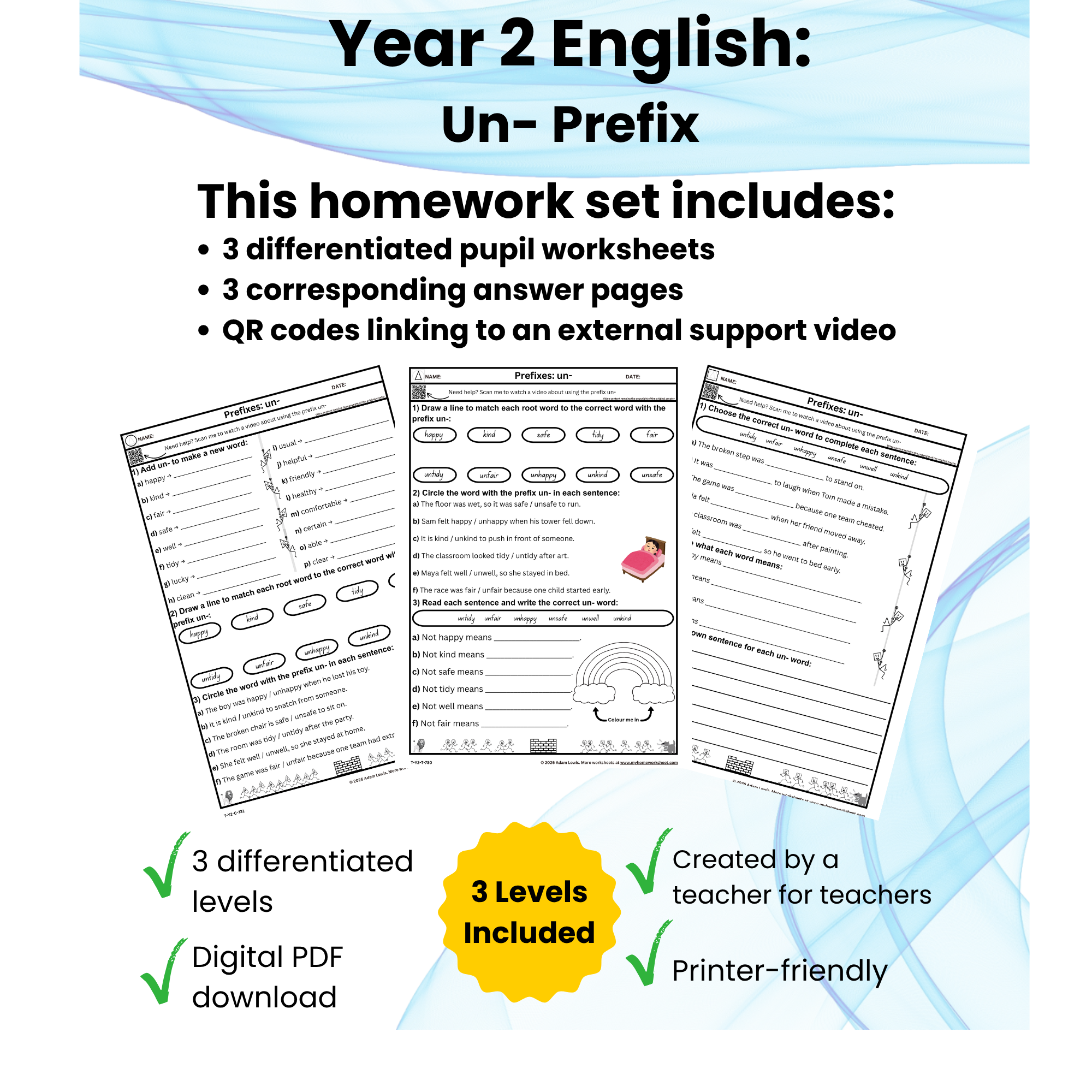 Year 2 Prefixes un- Worksheets (730-732)