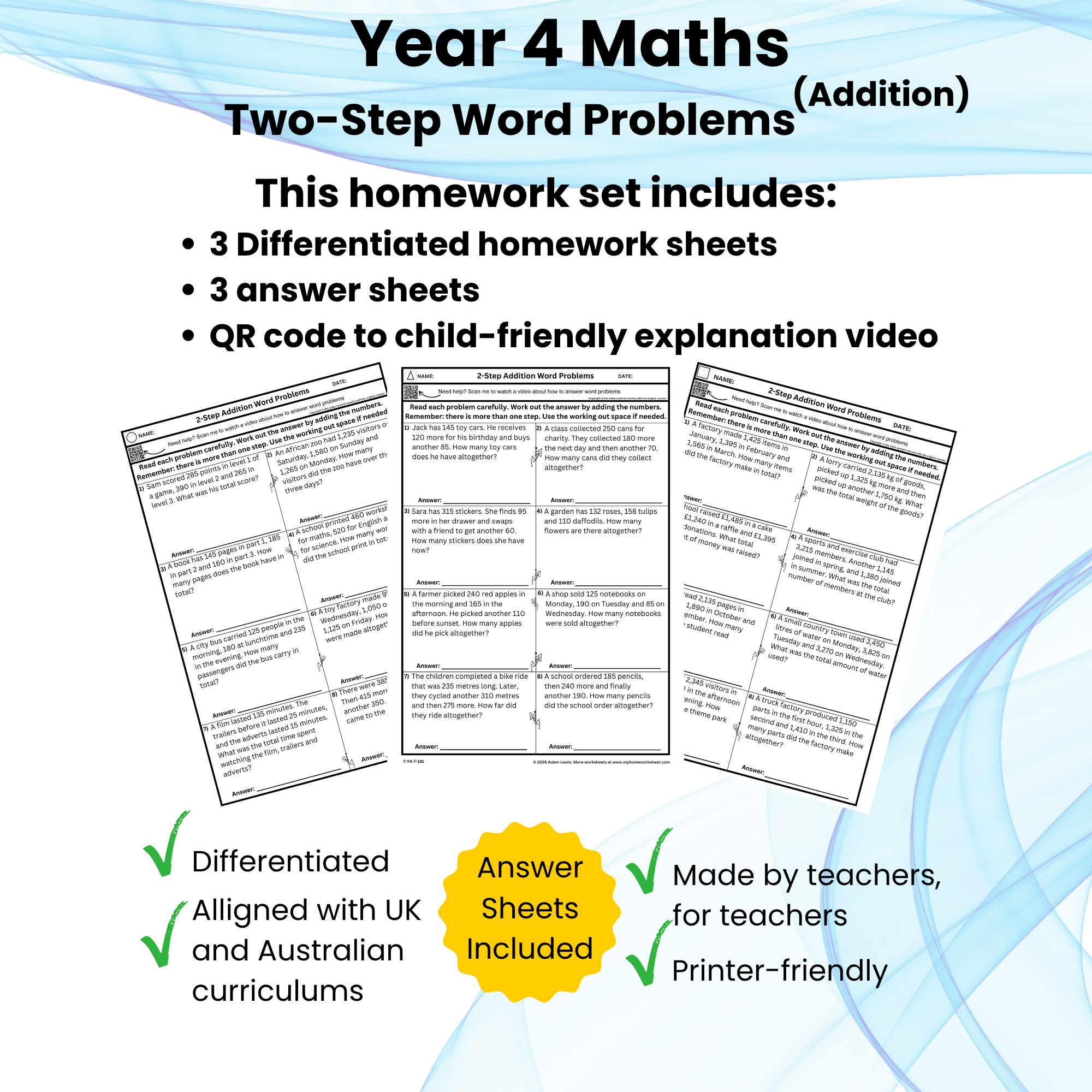Year 4 Two-Step Addition Word Problems Worksheets (181-183)