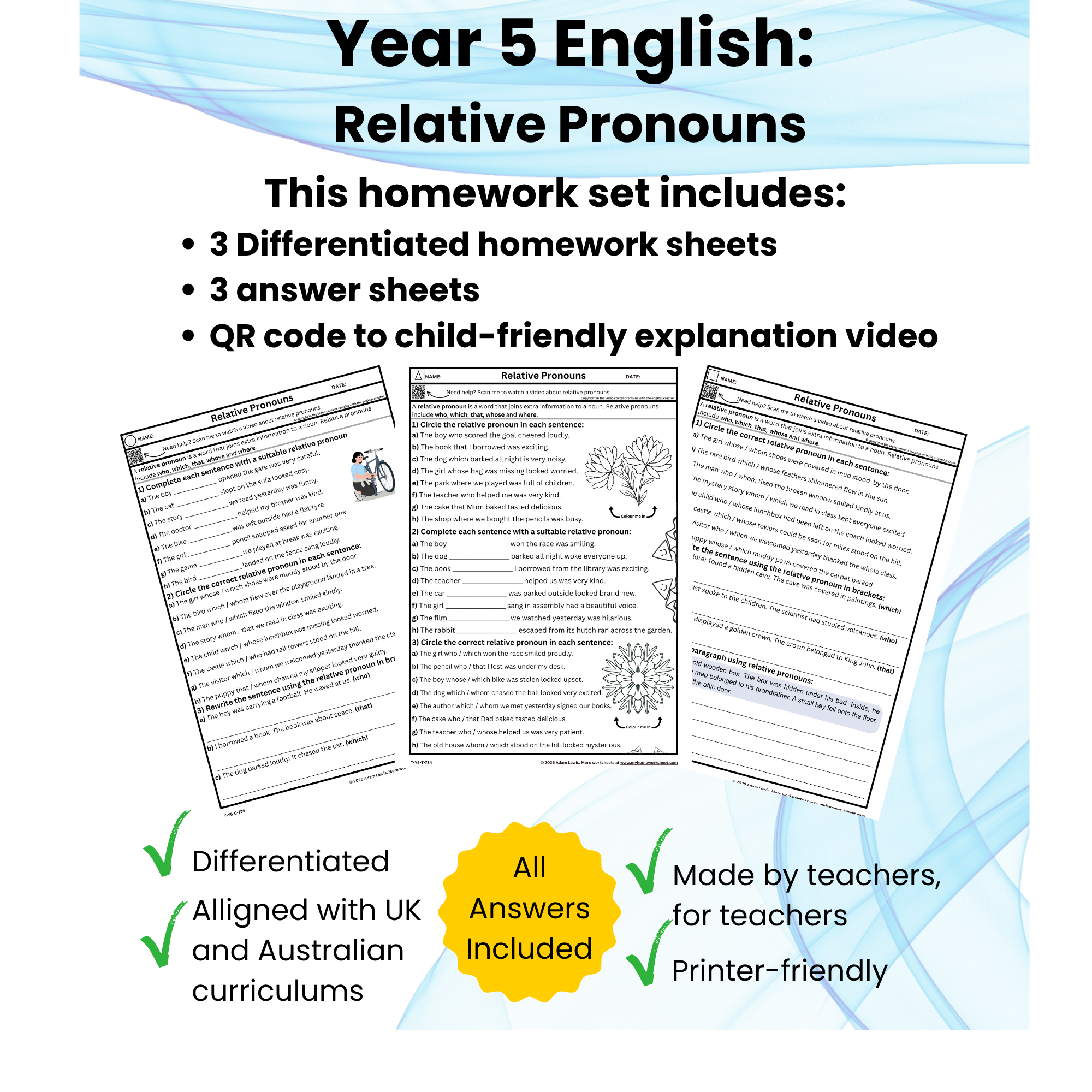 Year 5 Relative Pronouns Worksheets (784-786)