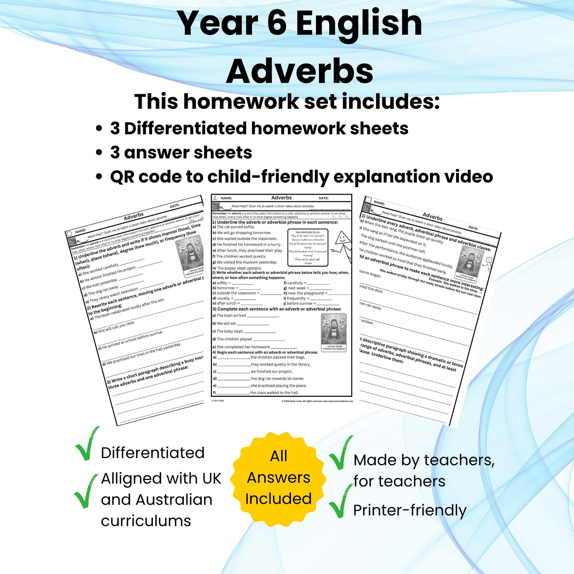 Year 6 Adverbs Worksheets (406-408)