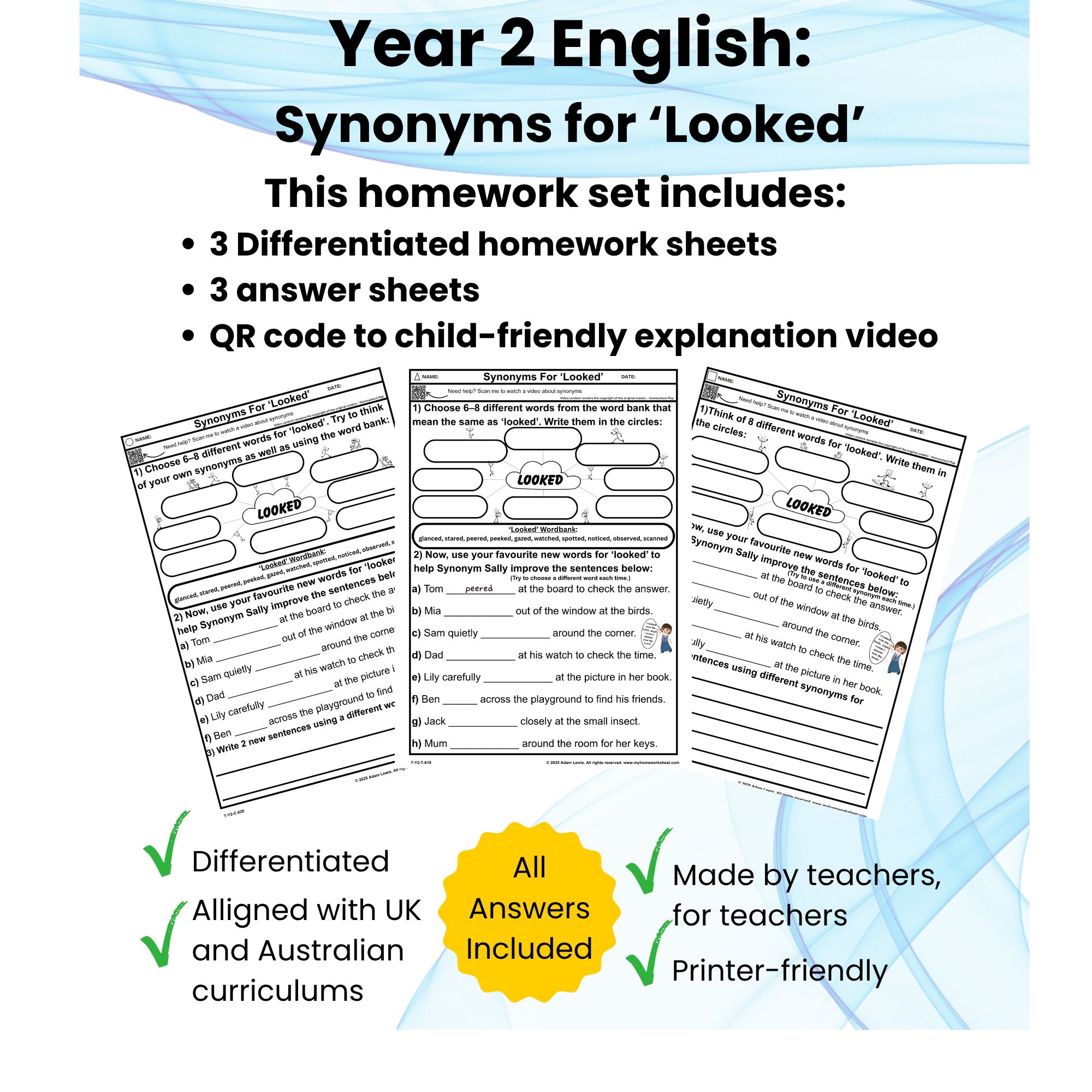 Year 2 Synonyms for ‘Looked’ Worksheets (3 Levels with Answers) 619-621