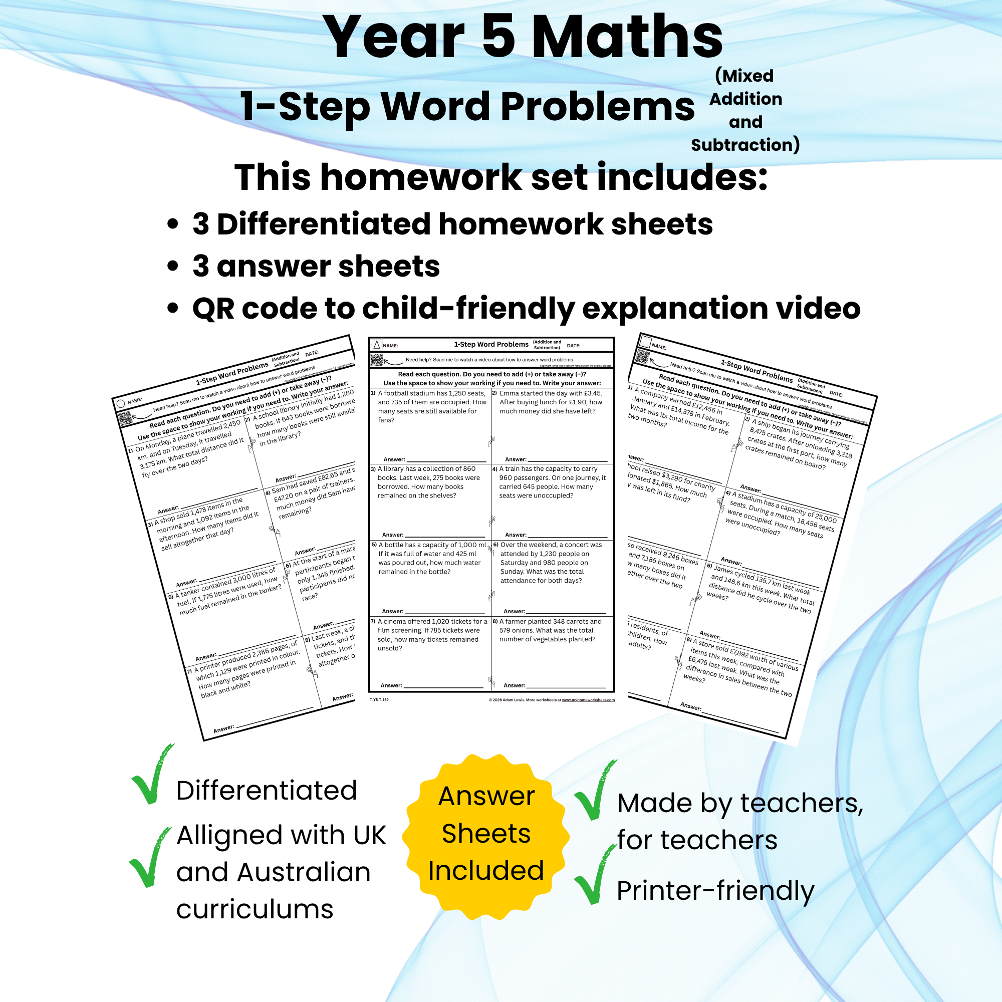 Y5 Mixed One-Step Word Problems – Addition & Subtraction (139–141)