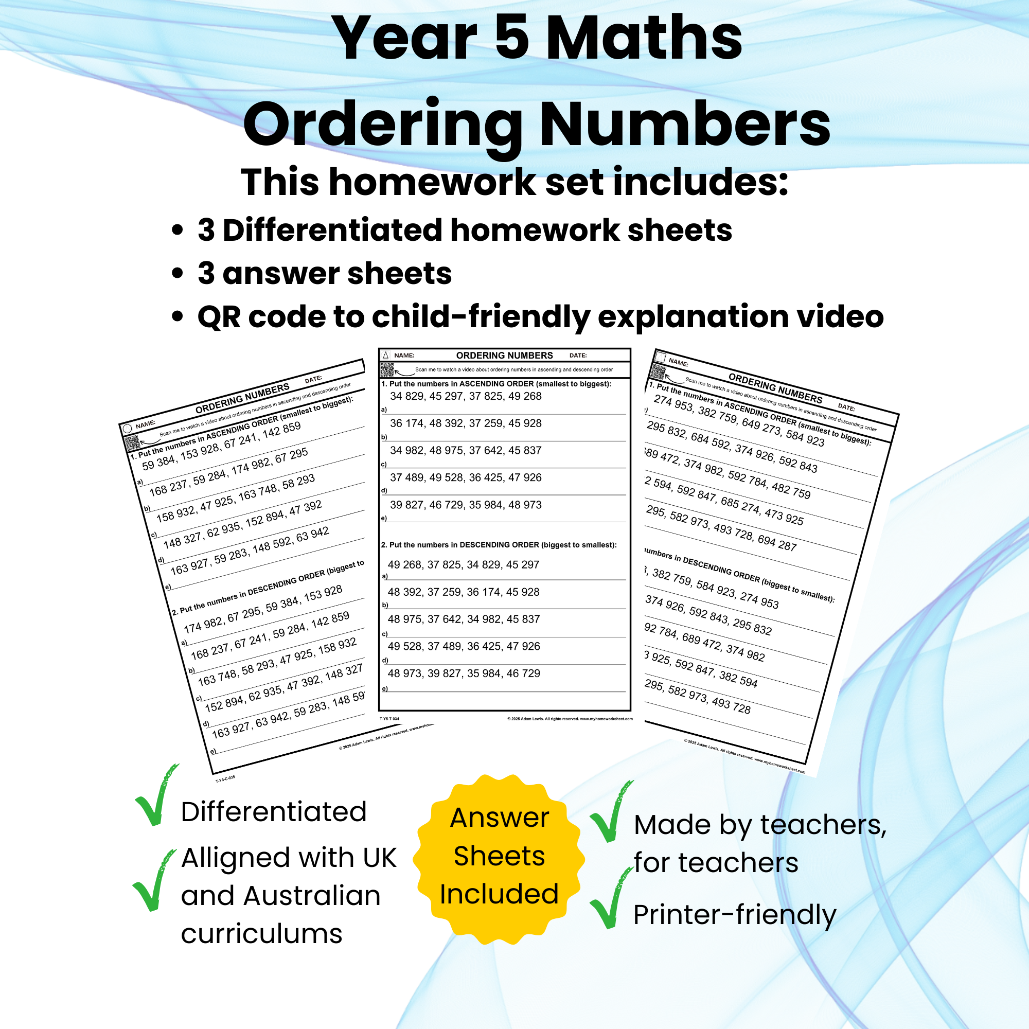 Y5 Maths – Ordering Numbers (Sets 034–036)
