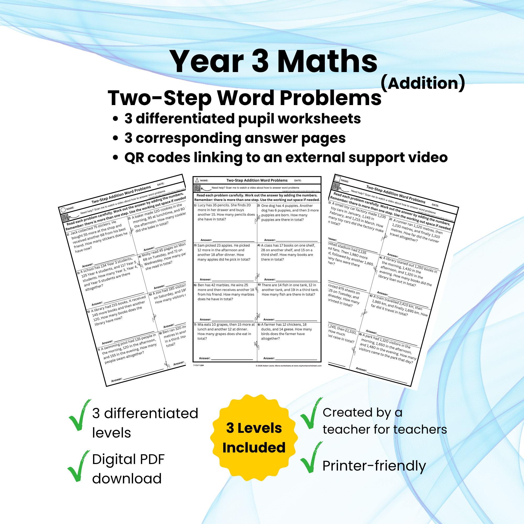Year 3 Two-Step Addition Word Problems Worksheets (184-186)