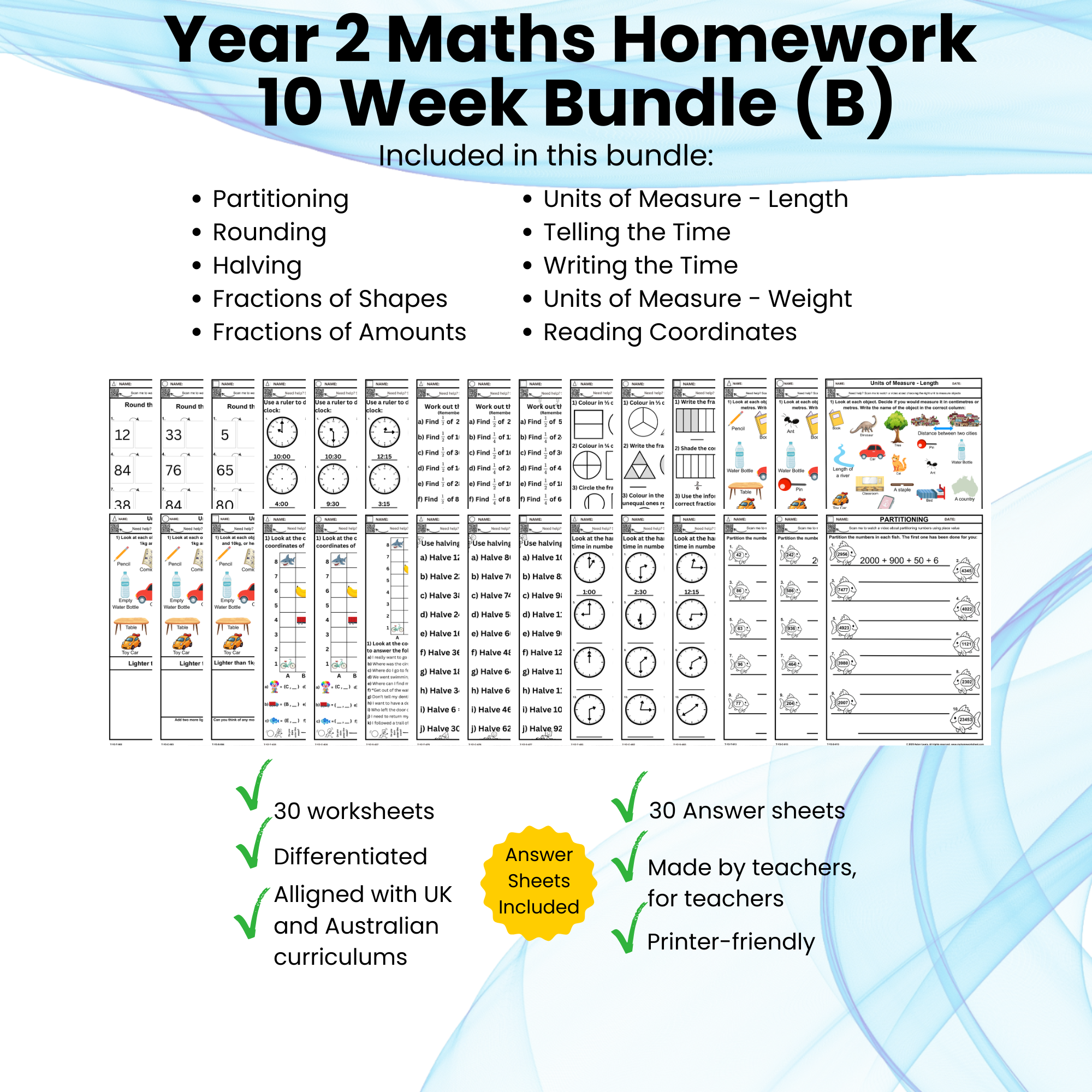 Year 2 Maths Homework 10 Week Bundle (B) – 30 Differentiated Worksheets + Answers | SATs & NAPLAN Aligned