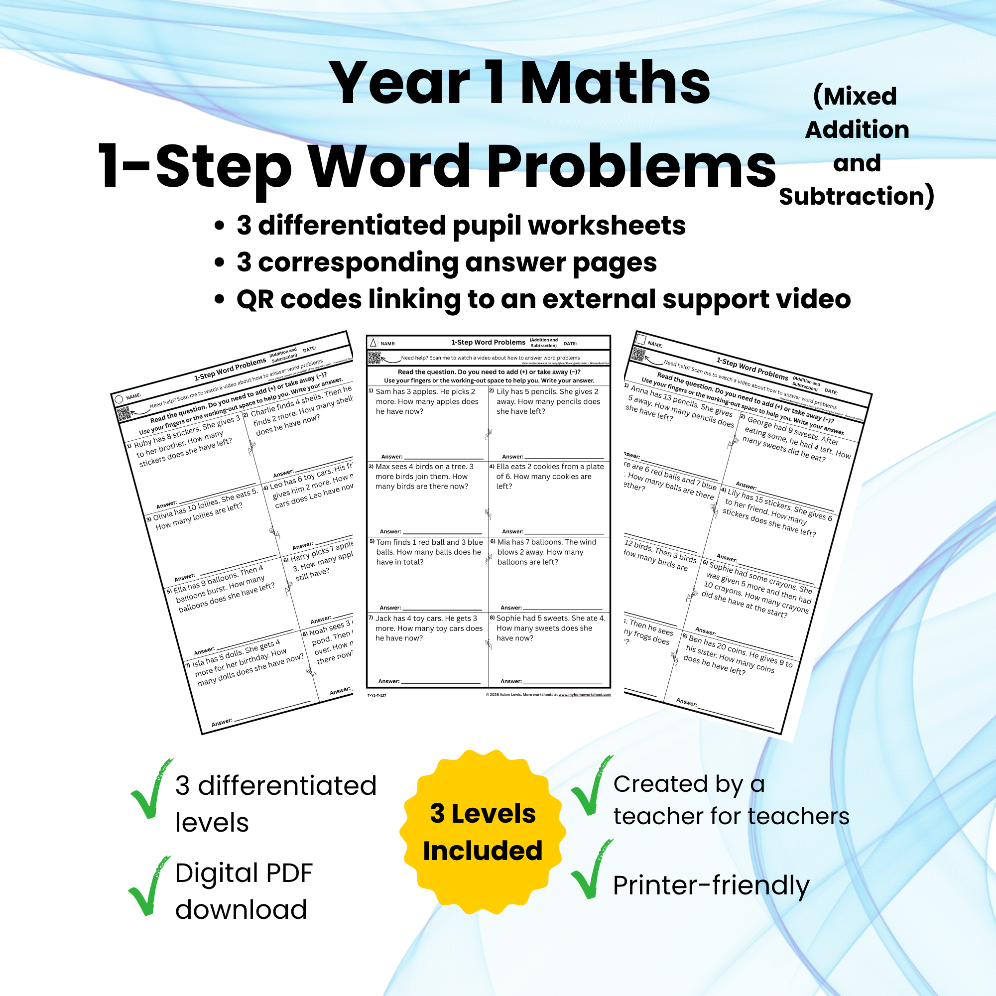 Year 1 – Mixed One-Step Word Problems – Addition and Subtraction (127-129)