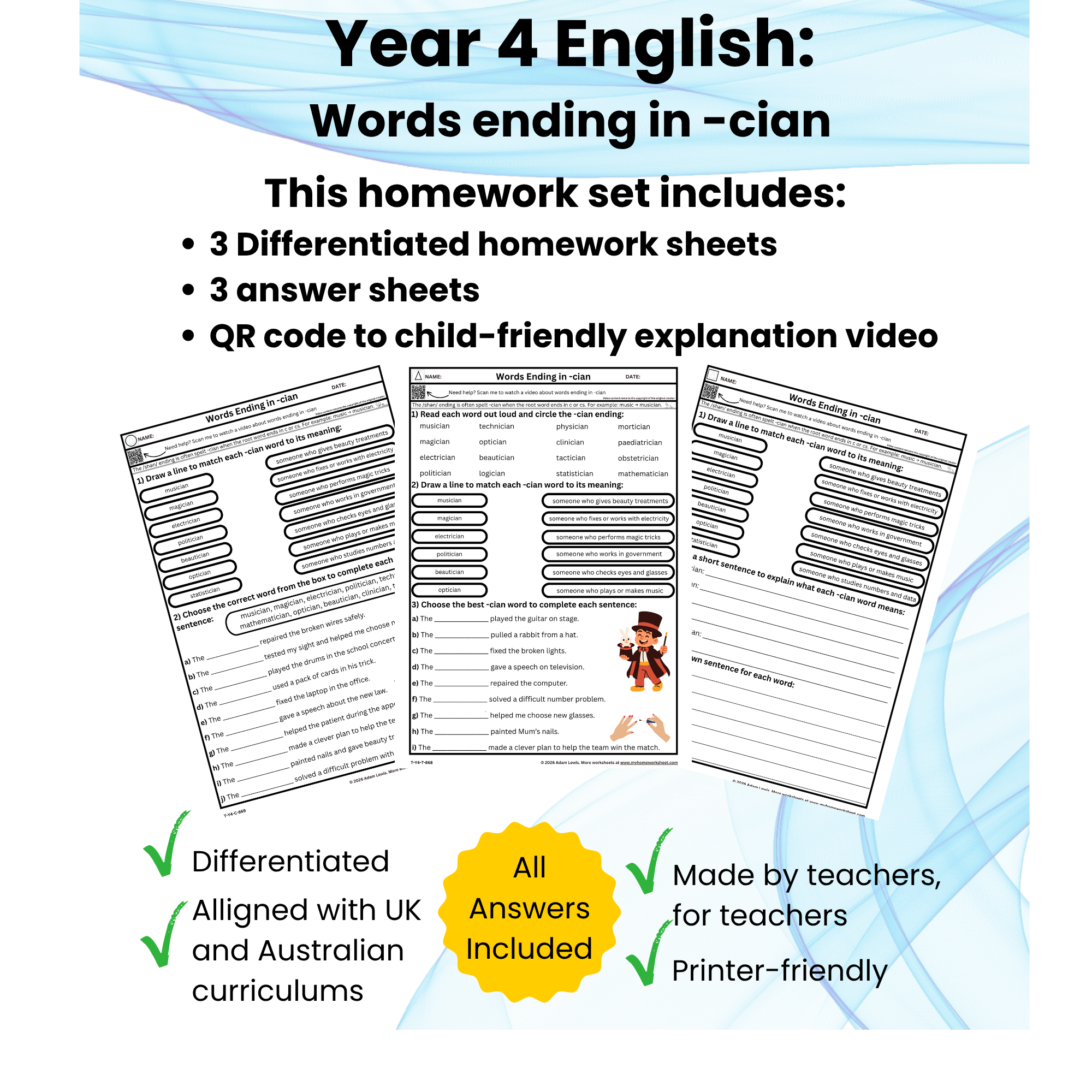 Year 4 English, Words Ending in -cian Worksheets (868-870)