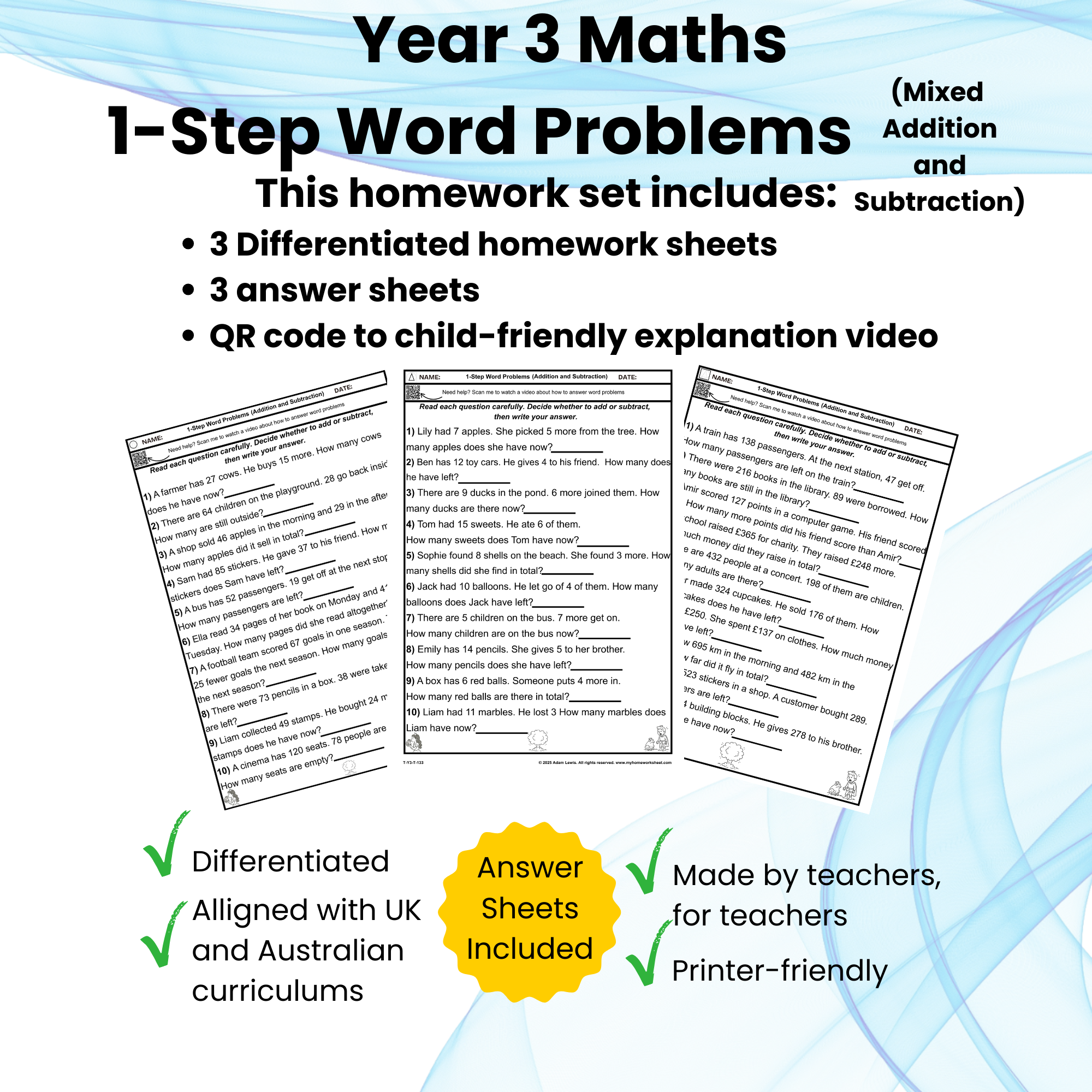 Year 3 Mixed One-Step Word Problems – Addition and Subtraction (133-135)