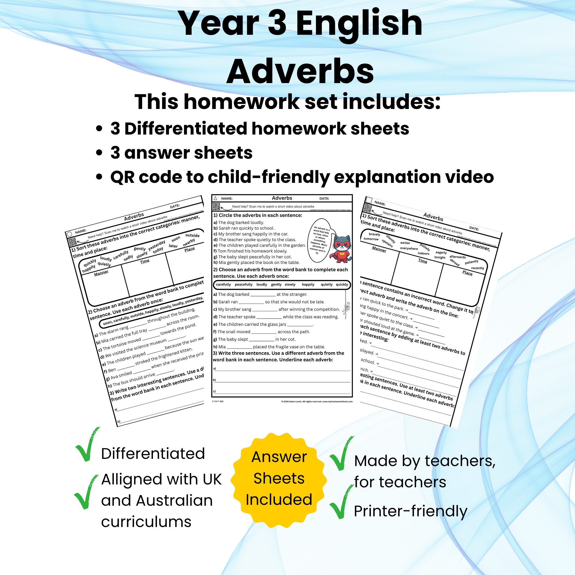 Year 3 Adverbs Worksheets (352-354)