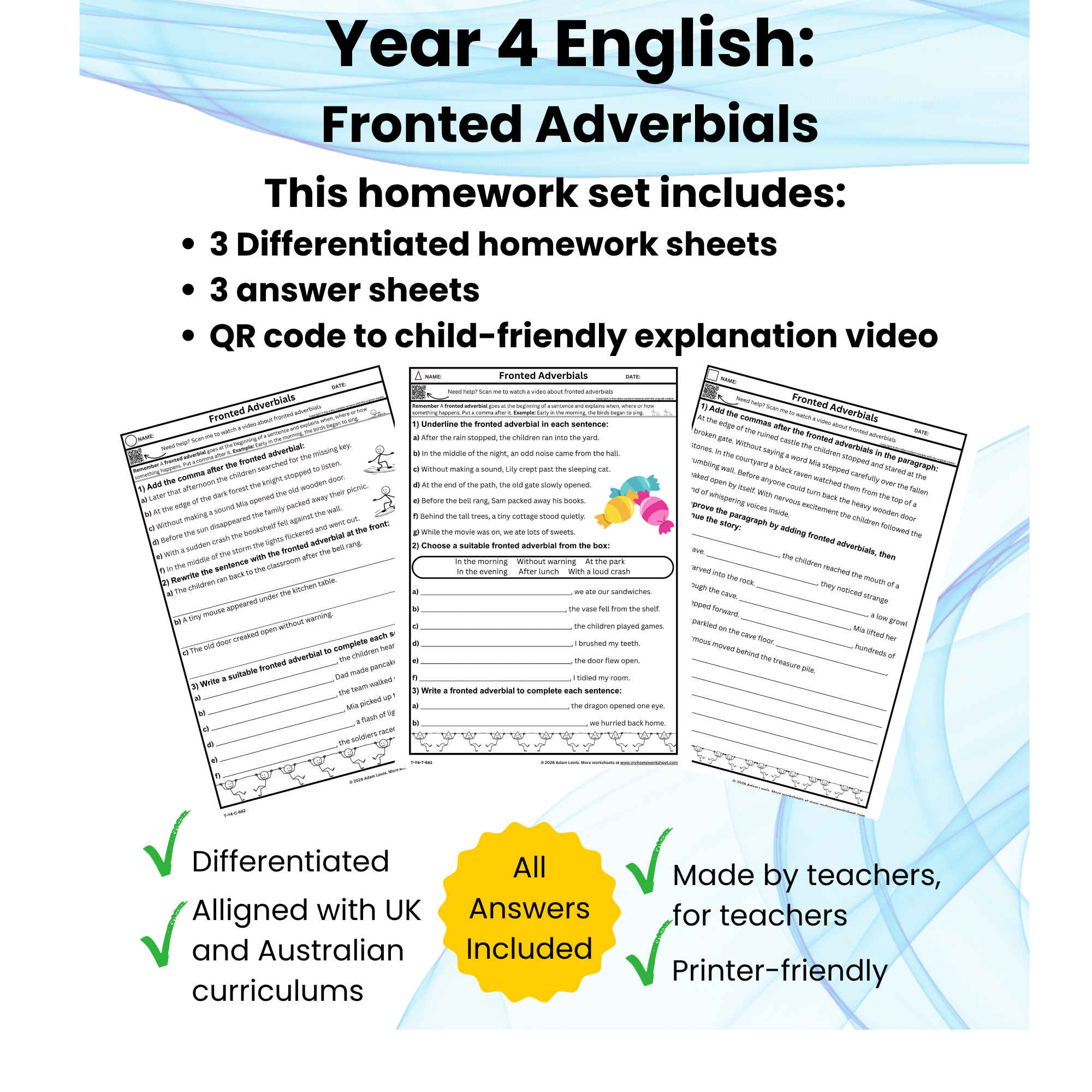 Year 4 Fronted Adverbials Worksheets (661-663)