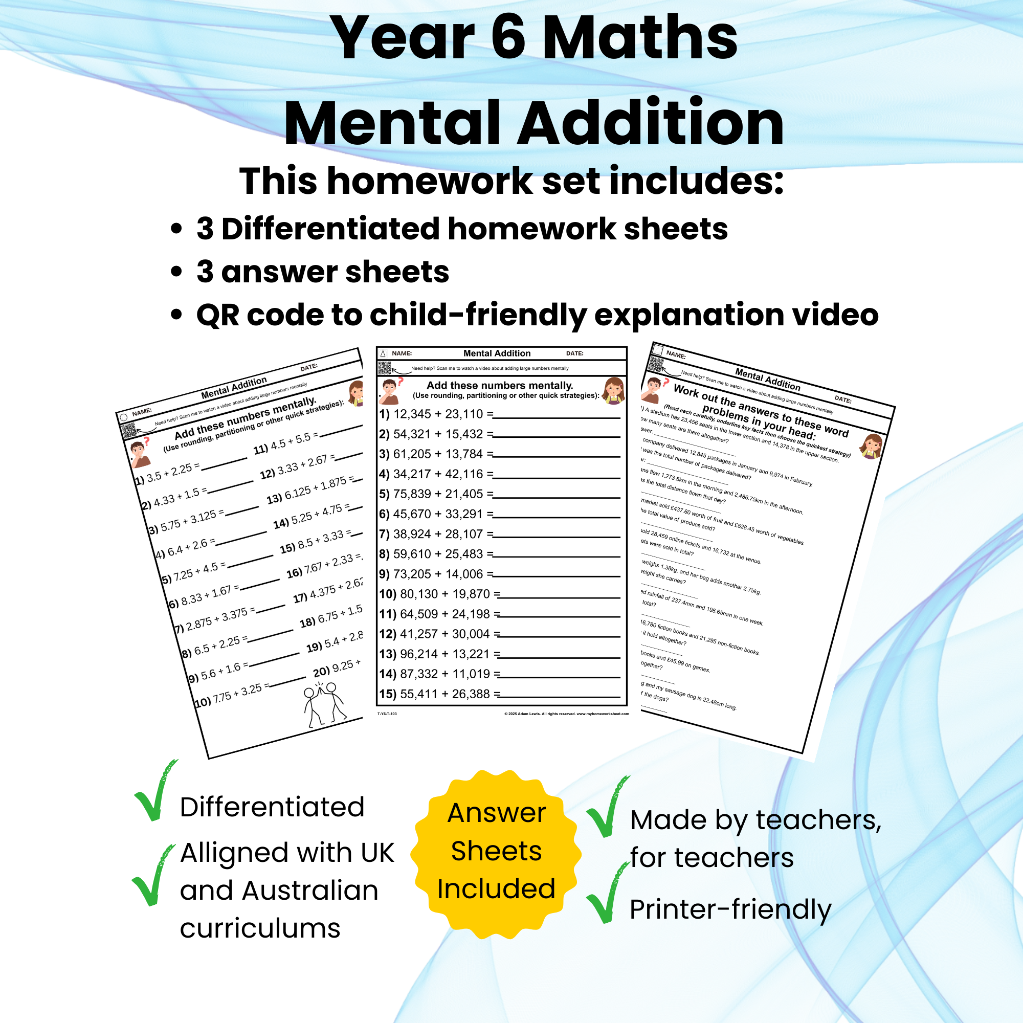 Year 6 Mental Addition Worksheet Set (Sets 103–105)