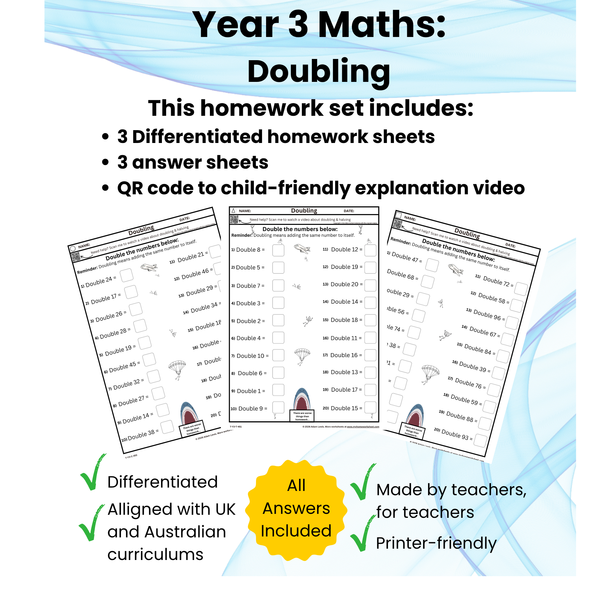 Year 3 Doubling Numbers Worksheets (451-453)
