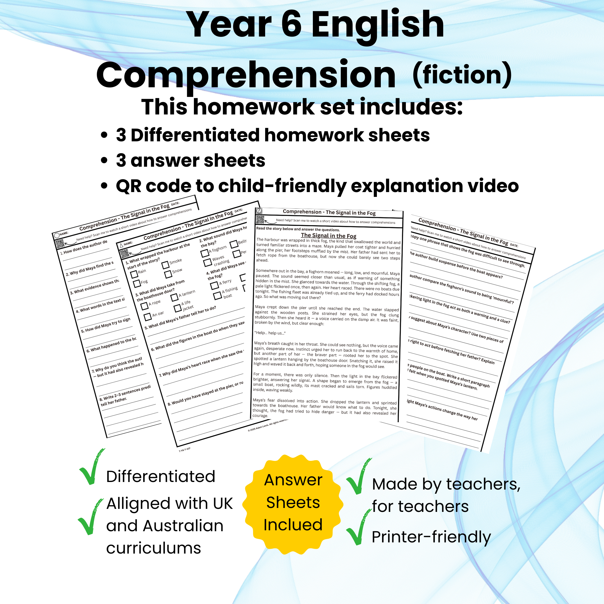 Year 6 Fiction Comprehension Worksheets – The Signal in the Fog -Differentiated Set  337-339