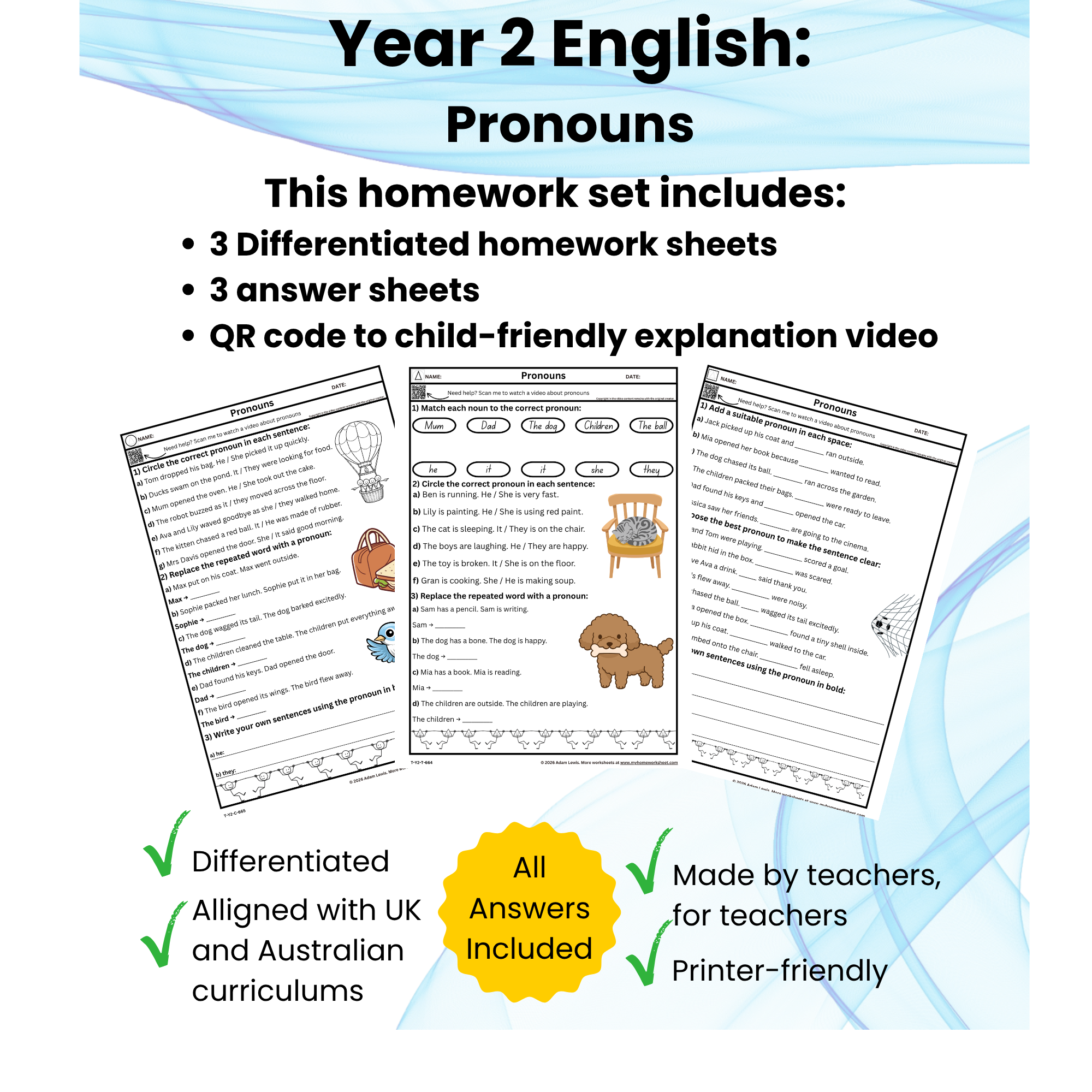 Year 2 Pronouns Worksheets (664-666)