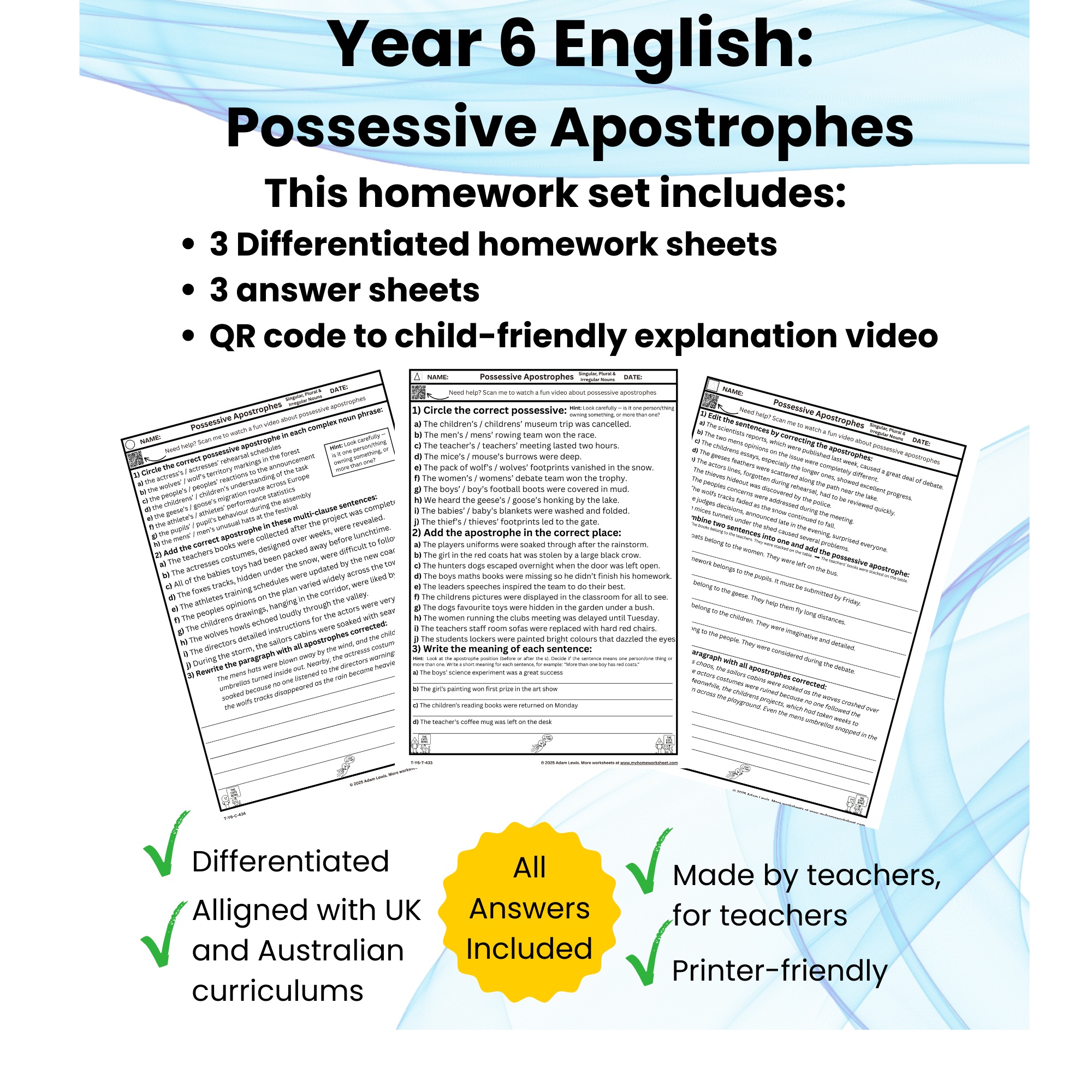 Year 6 Possessive Apostrophes – Differentiated Worksheet Pack 433-435