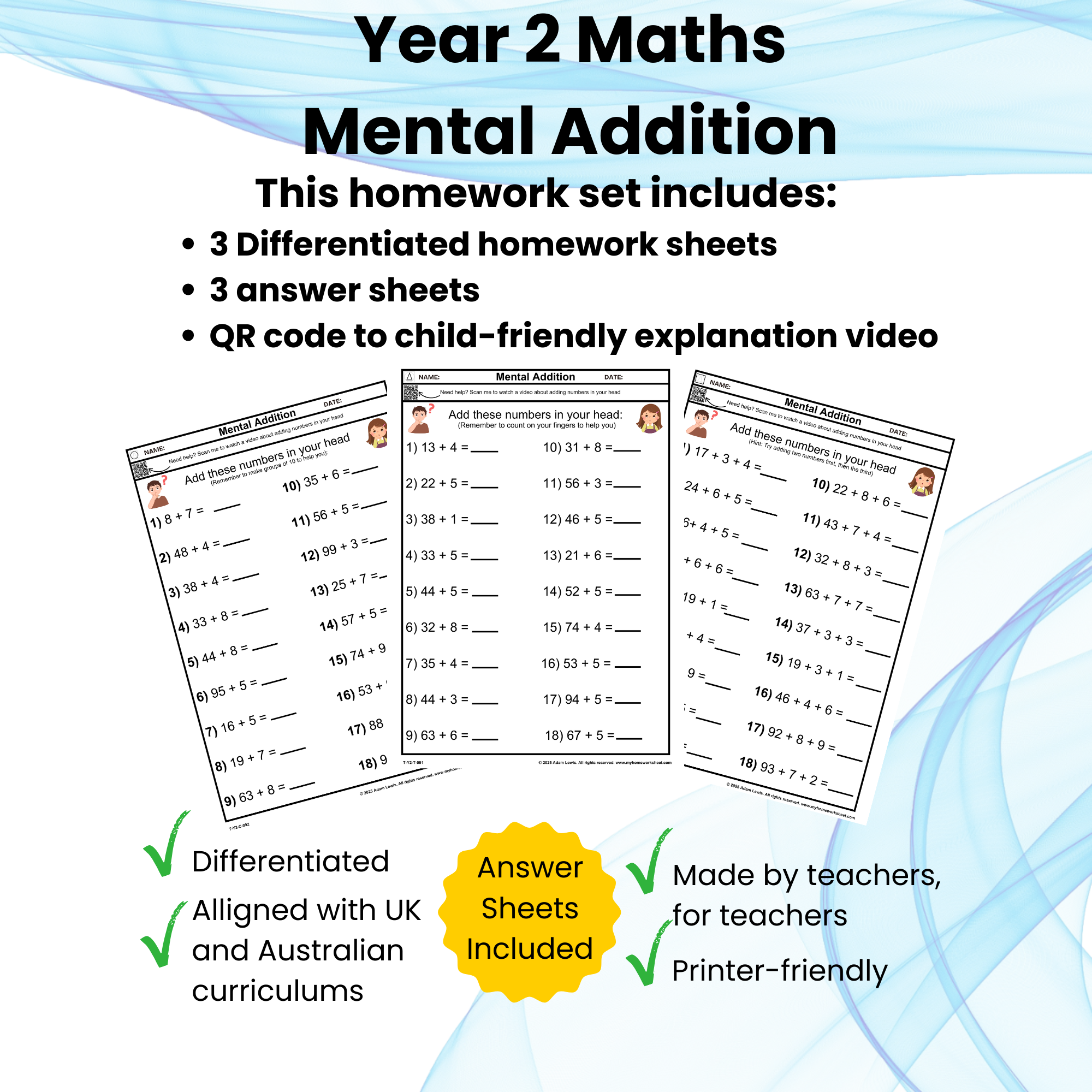 Year 2 Mental Addition Worksheet Set (3 pages + 3 answer sheets) Homework Sheets: 091-093