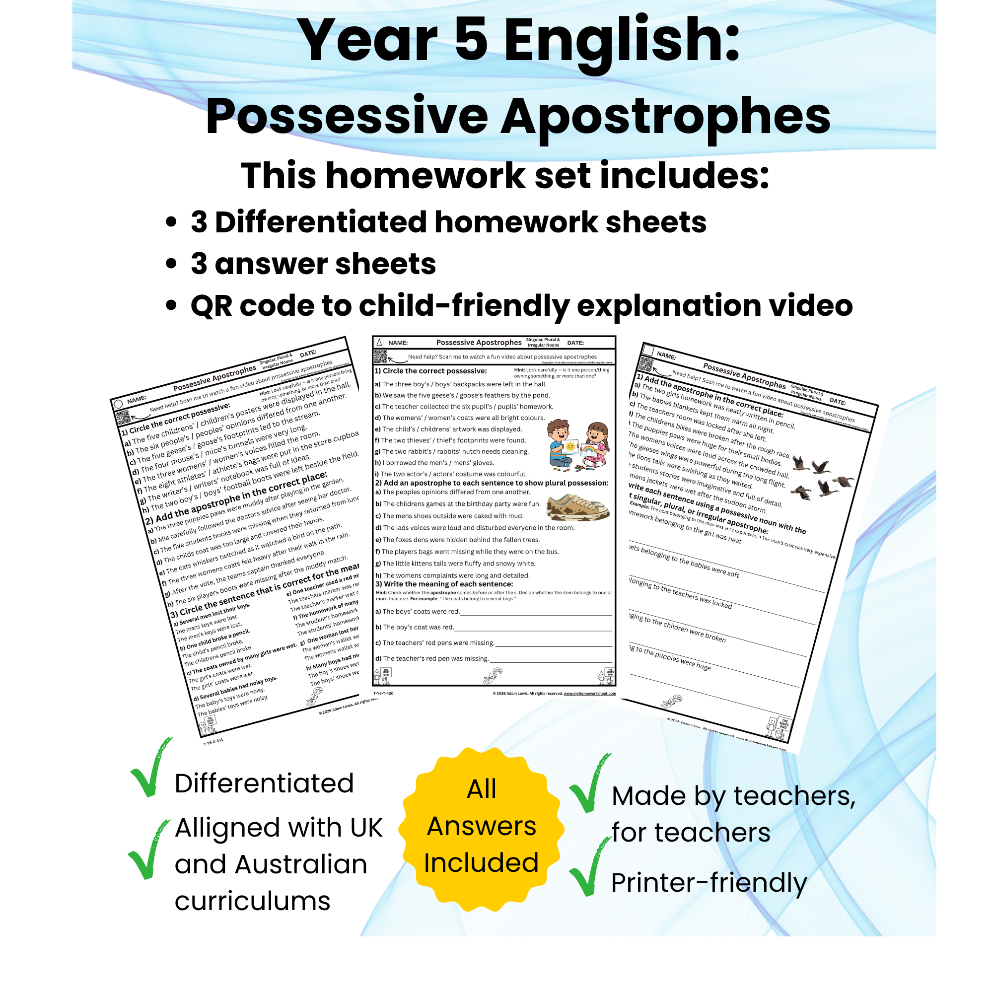 Year 5 Possessive Apostrophes Worksheets – Singular, Plural & Irregular Nouns (430-432)