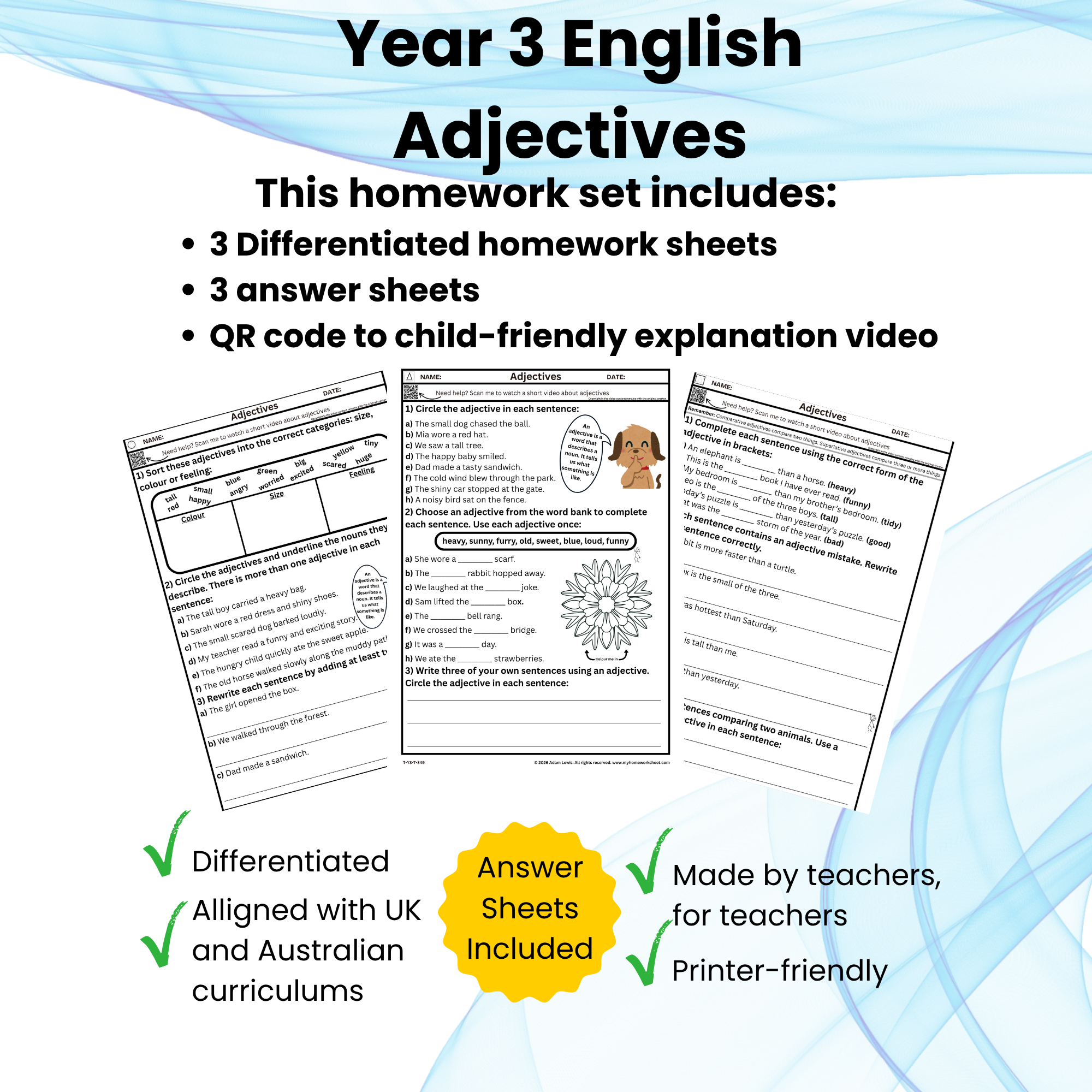 Year 3 Adjectives Homework Worksheets (349-351)