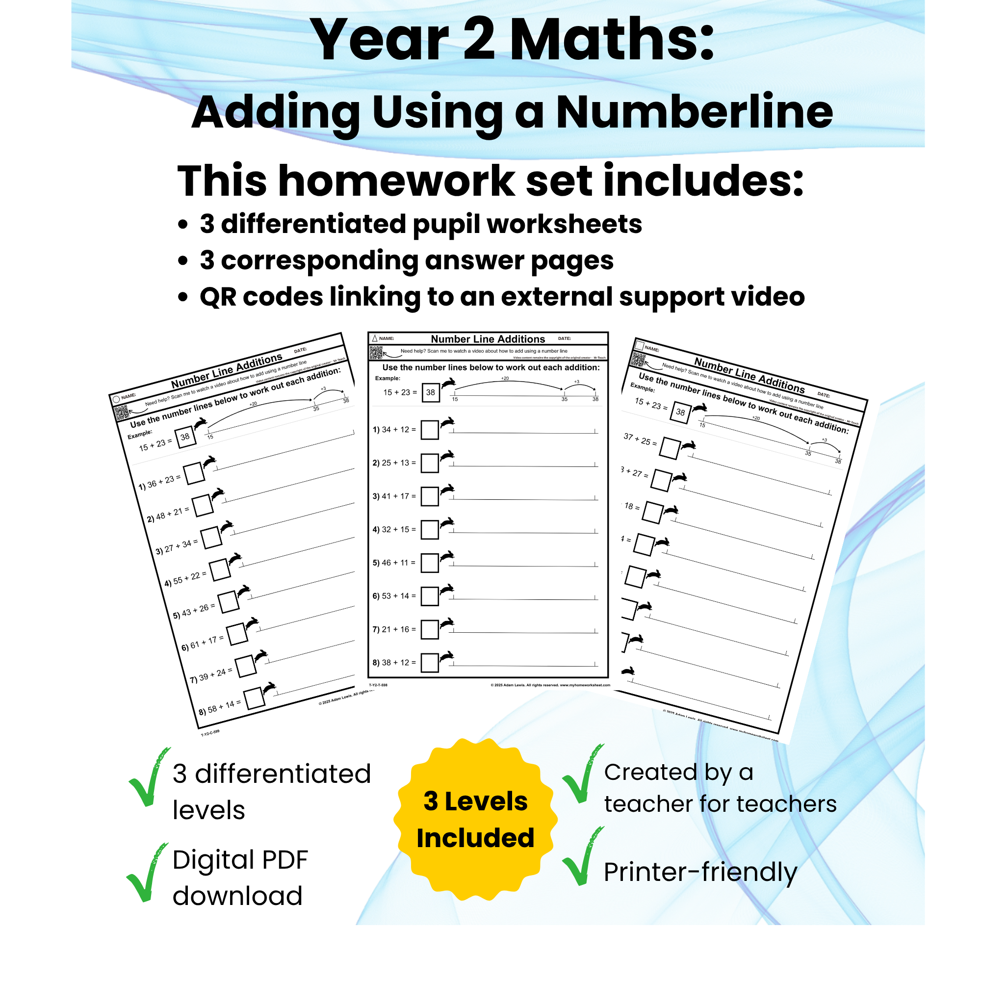 Year 2 Addition Using Number Lines Worksheets (598-600)