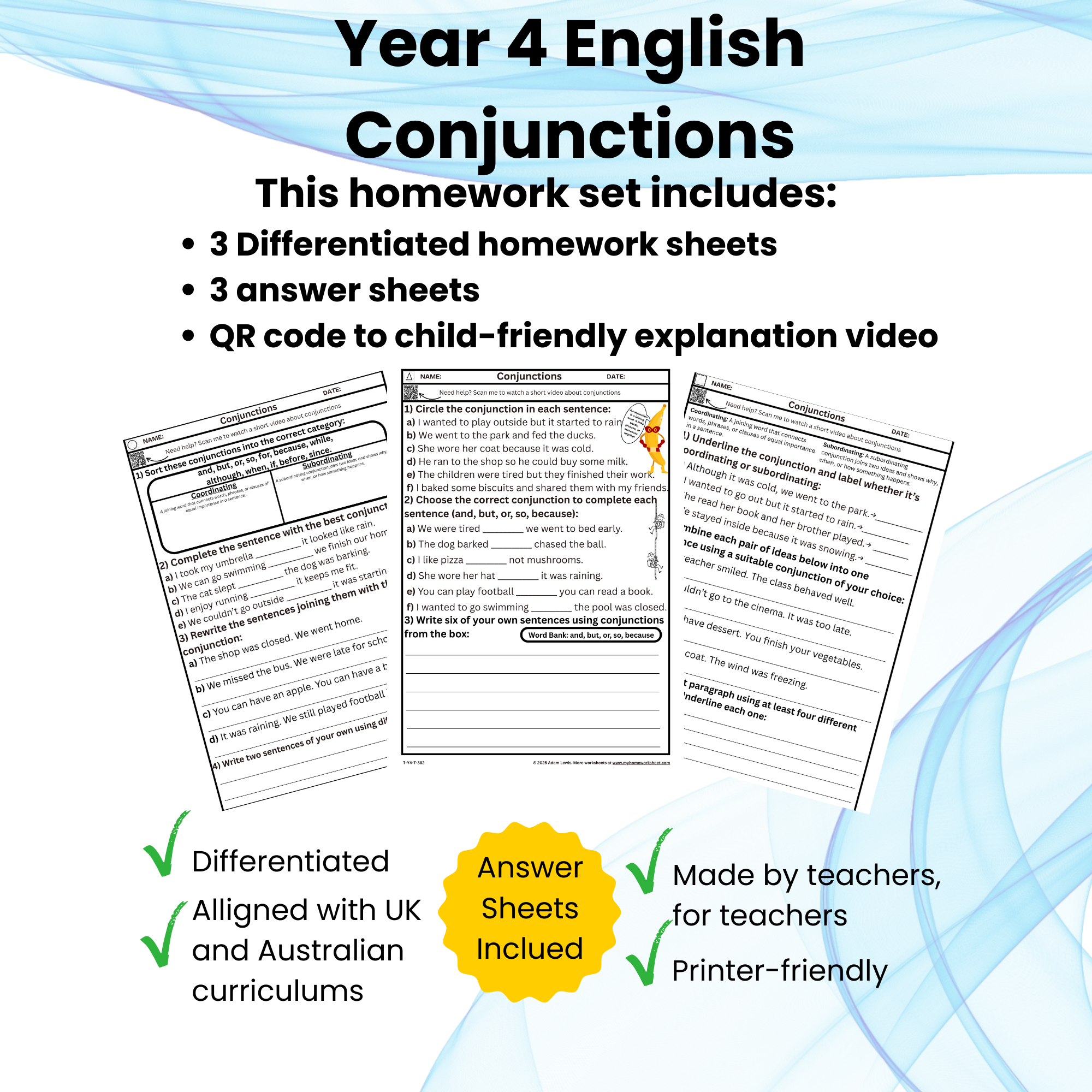 Year 4 Grammar – Conjunctions Homework - sheets 382-384