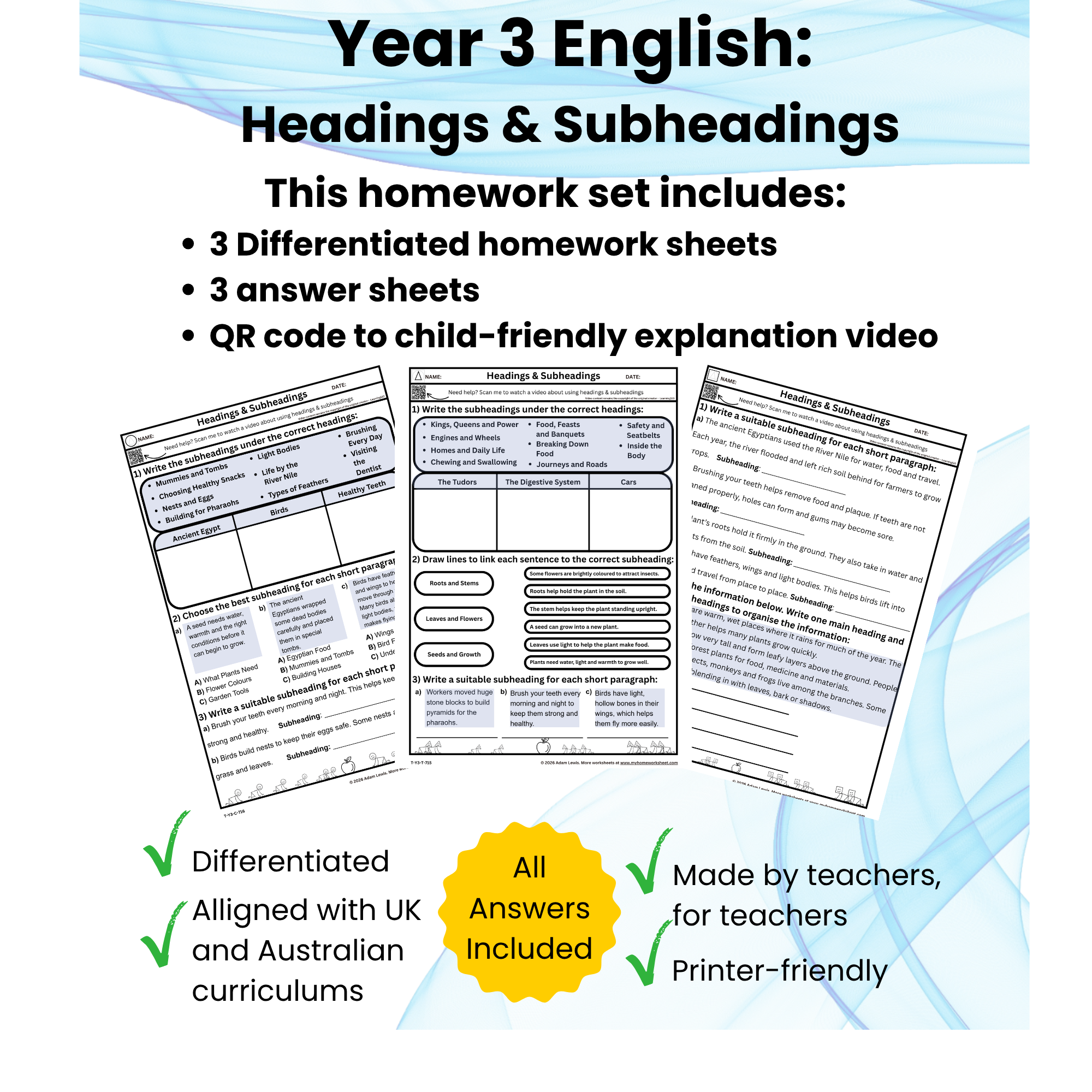 Year 3 Headings and Subheadings Worksheets (714-717)