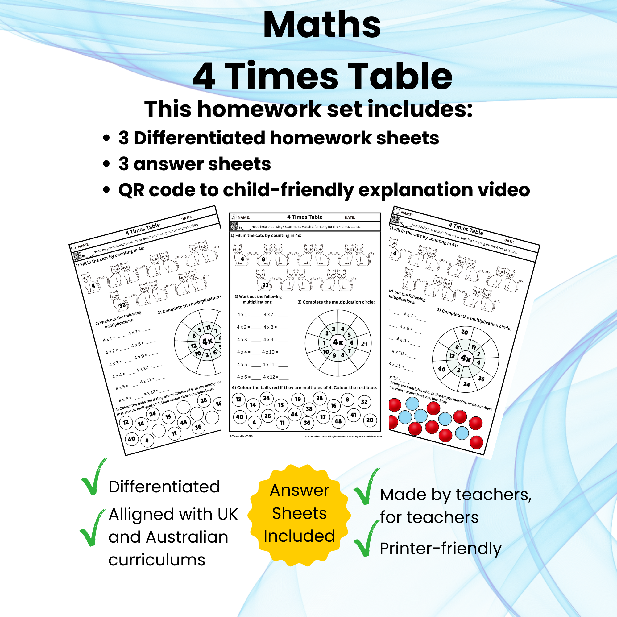4 Times Table Worksheet Set (6 pages) 229-231