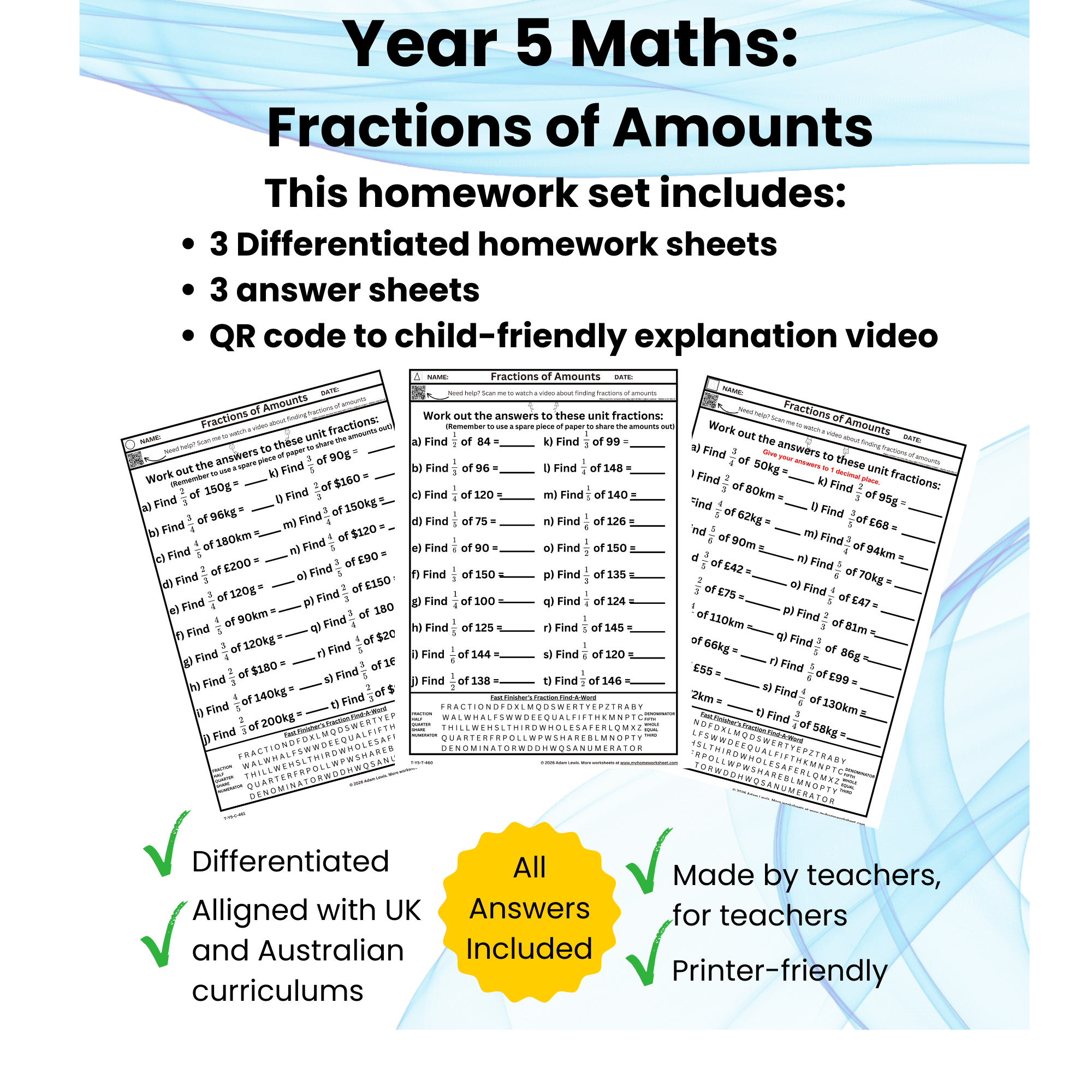 Year 5 Fractions of Amounts Worksheets – Differentiated Maths 460-462