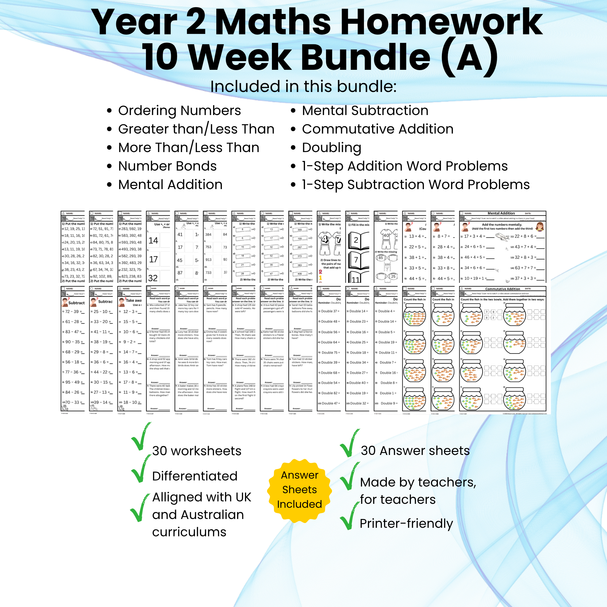 Year 2 Maths Homework Bundle A – 10-Week Differentiated Worksheets and Answers