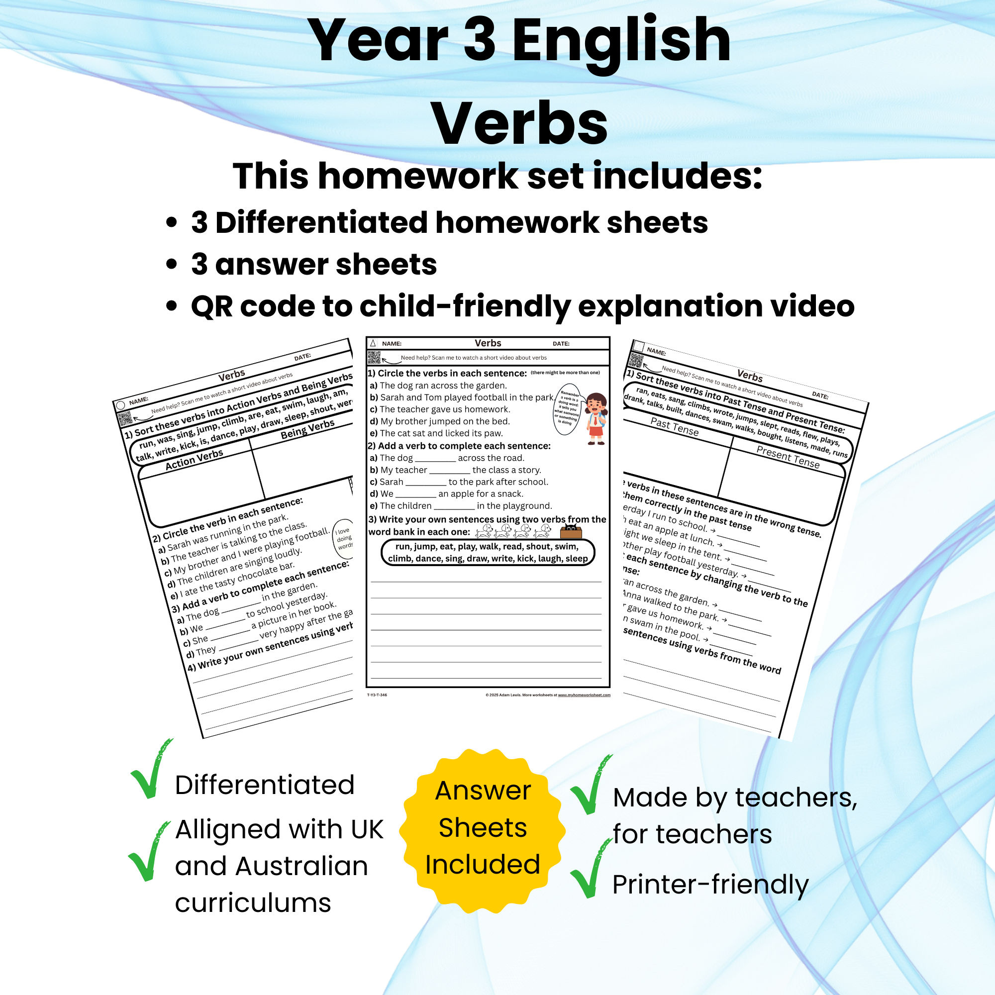 Year 3 Verbs Worksheets – Differentiated Grammar Homework with Answers Set 346-348