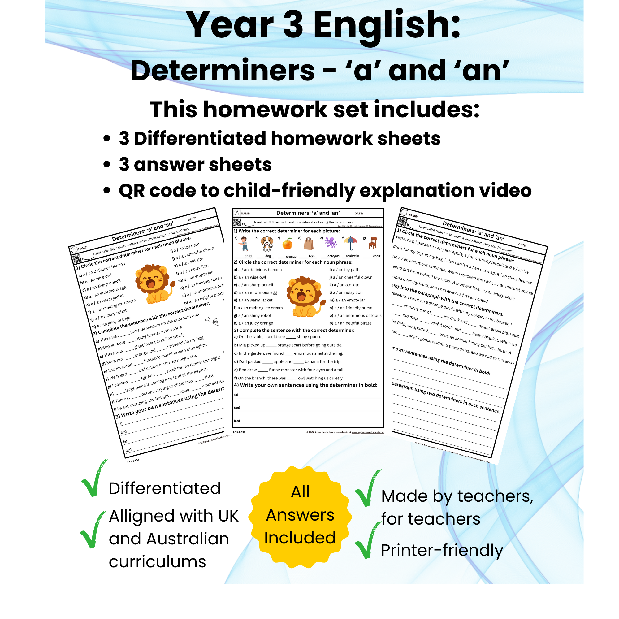 Year 3 Determiners Worksheets – ‘a’ and ‘an’ (652-654)