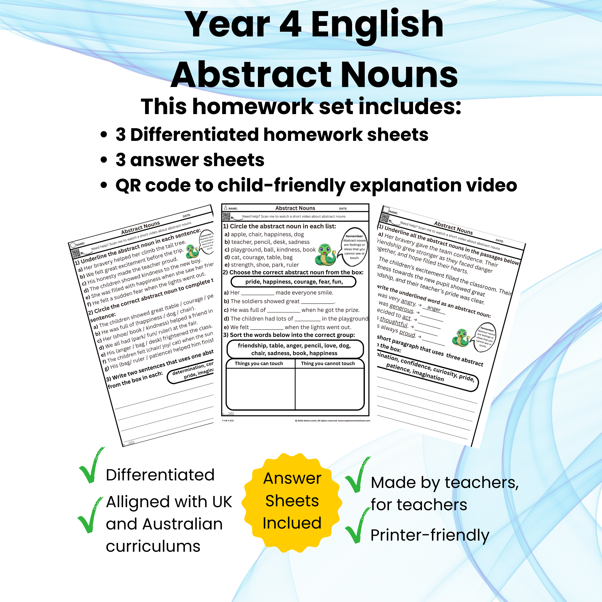 Year 4 Abstract Nouns Homework (370–372)