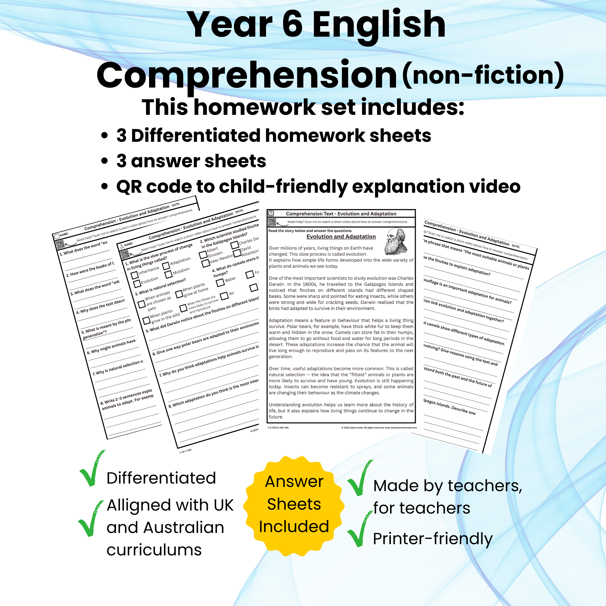 Year 6 Non-Fiction Comprehension Worksheets – Evolution and Adaptation (Differentiated Set)