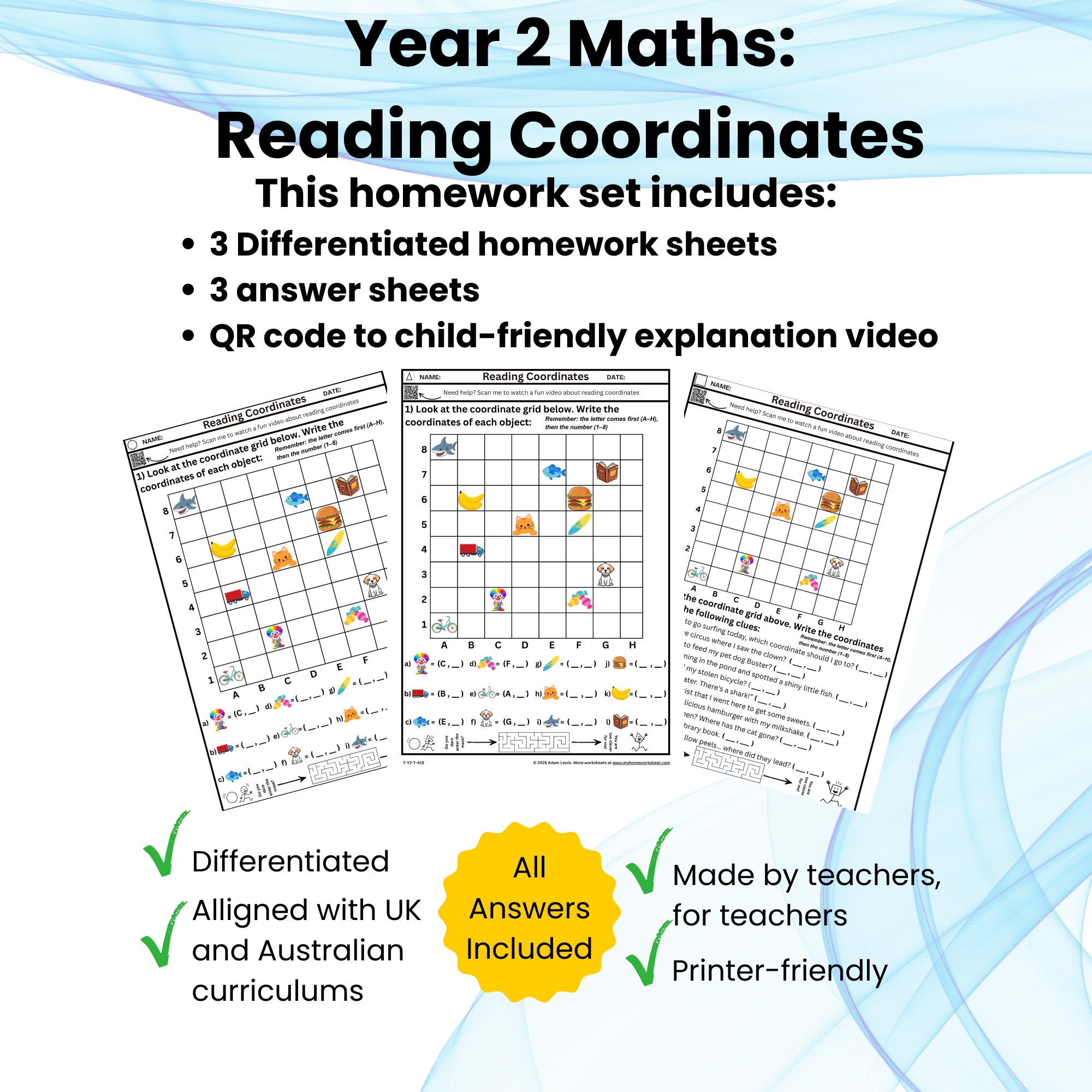 Year 2 Reading Coordinates Worksheets | Differentiated (A–H Grid) 415-417
