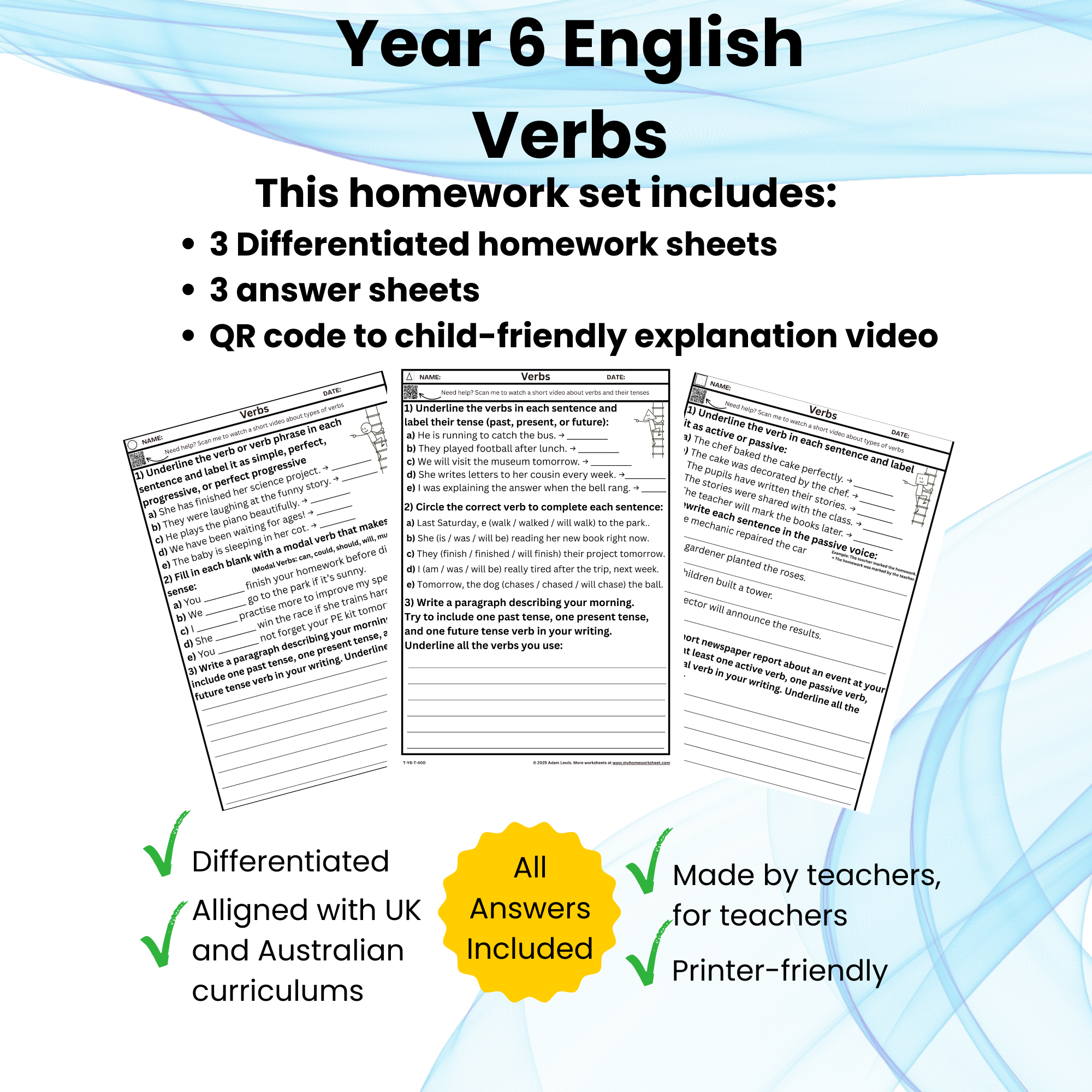Year 6 Verbs – Differentiated Grammar Worksheets (Tenses, Modal Verbs & Active/Passive) 400-402