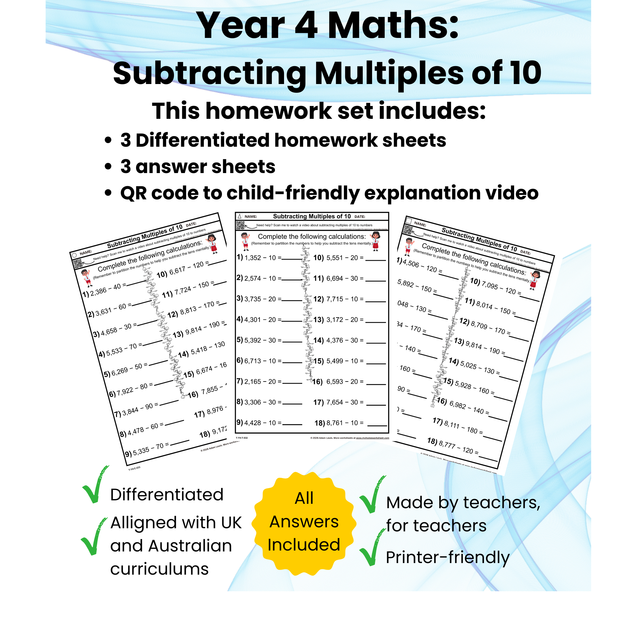 Year 4 Subtracting Multiples of 10 Worksheets | Differentiated Mental Maths | Homework, SATs & NAPLAN Practice