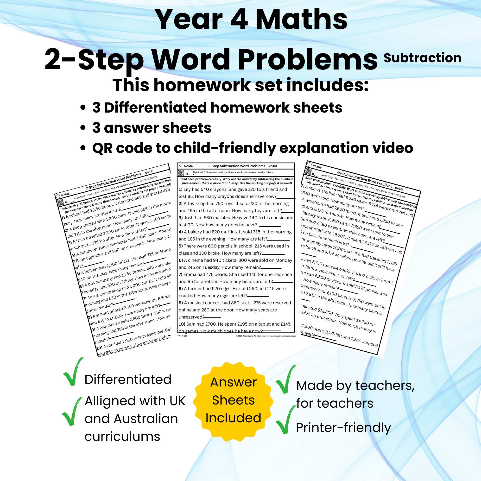 Two-Step Subtraction Word Problems Worksheet Set (3 pages + 3 answer sheets) 193-195