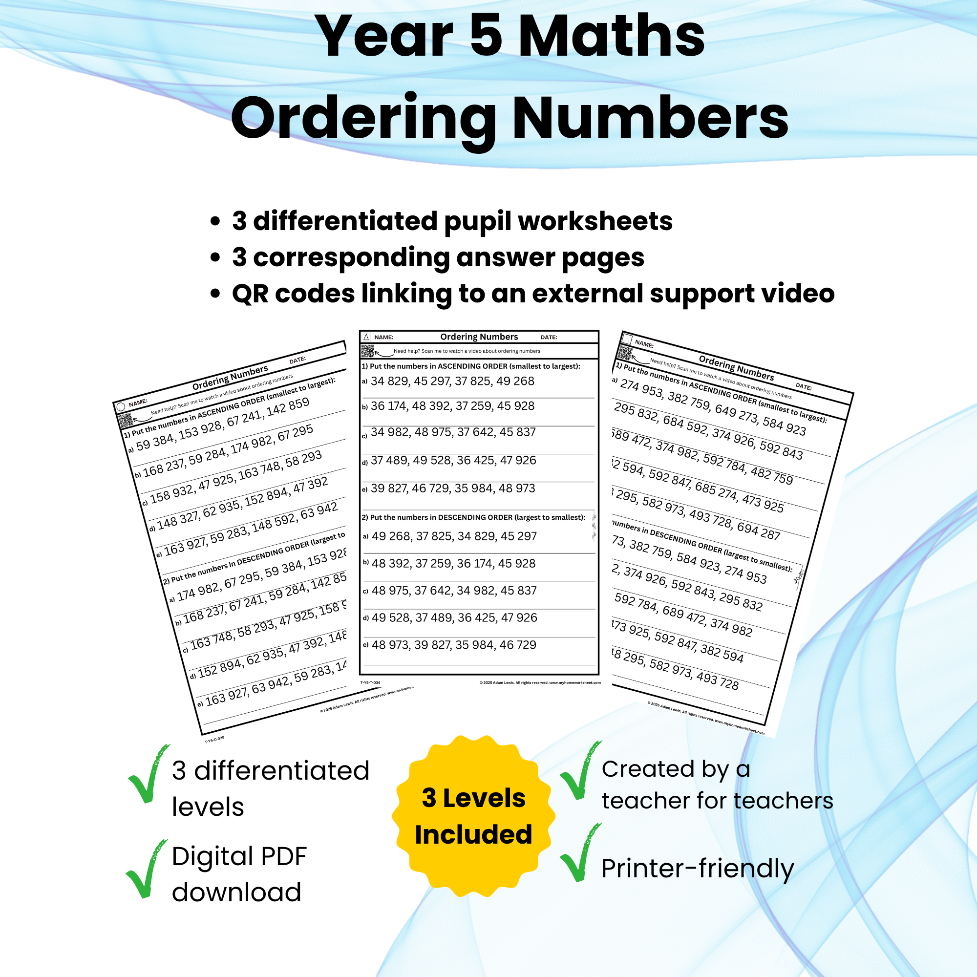 Year 5 Ordering Numbers Worksheets (Sets 034–036)