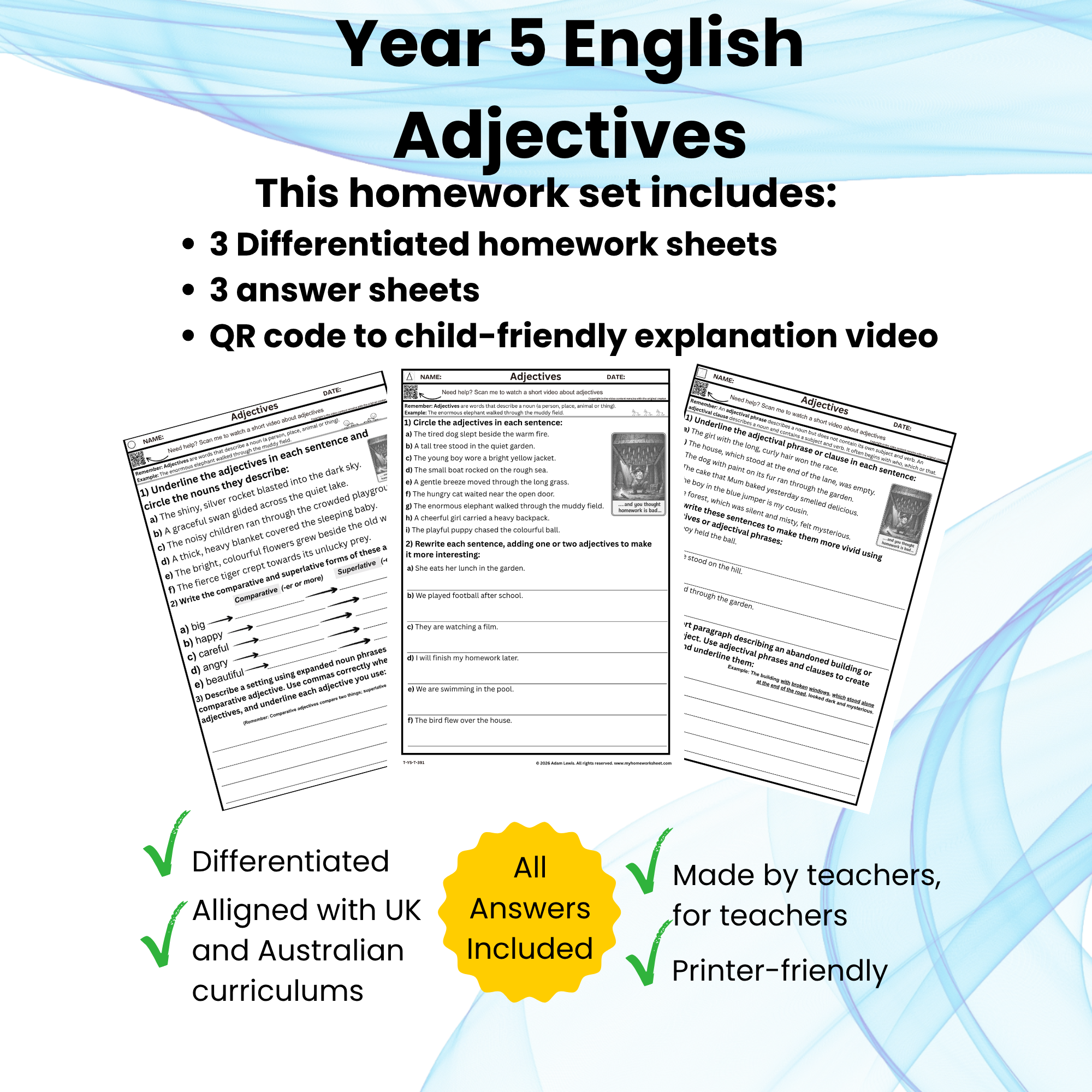 Year 5 Adjectives Homework Sheets (391-393)