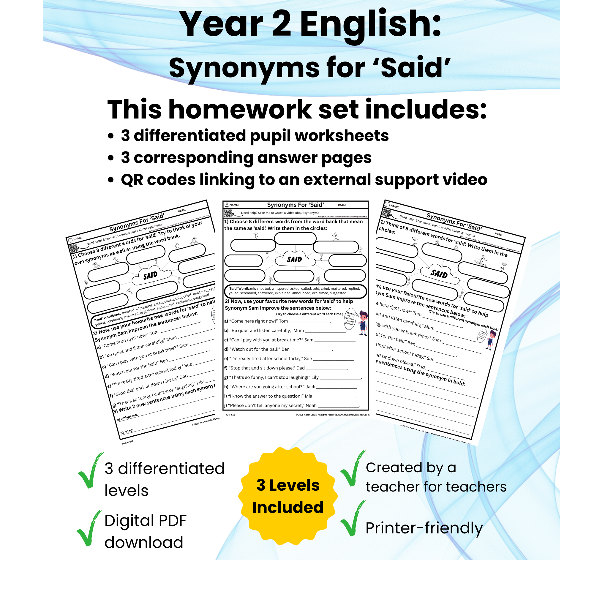 Year 2 Synonyms for ‘Said’ Worksheets (613-615)