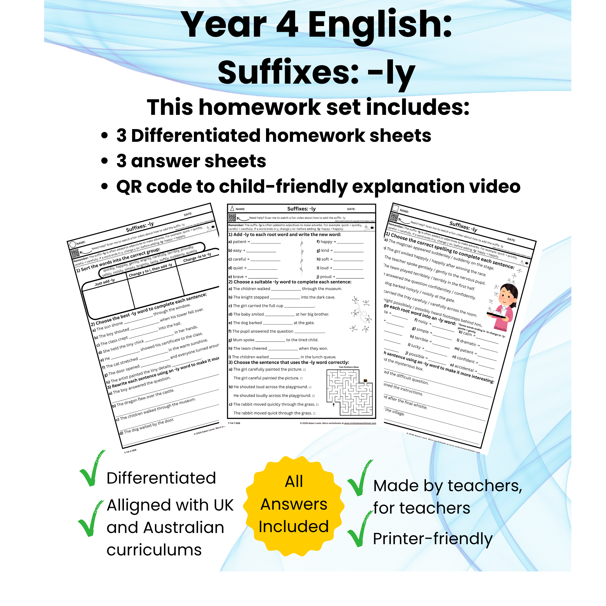 Year 4 Suffixes: -ly Worksheets (958-960)