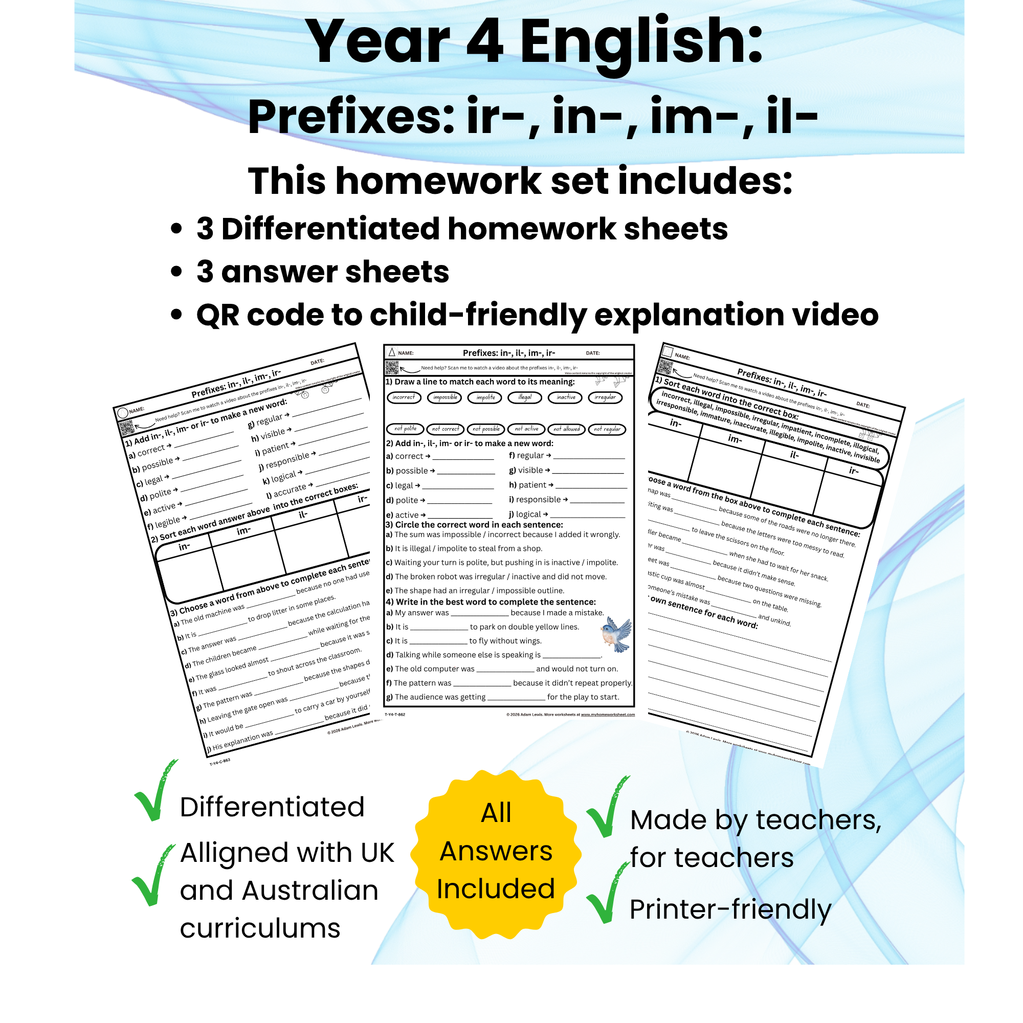 Year 4 Prefixes: in-, il-, im- and ir- Worksheets (862-864)
