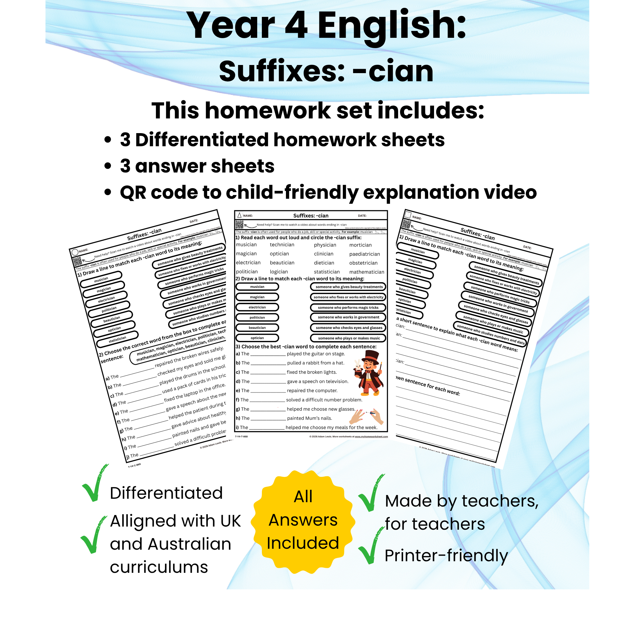 Year 4 Suffixes -cian Worksheets (868-870)