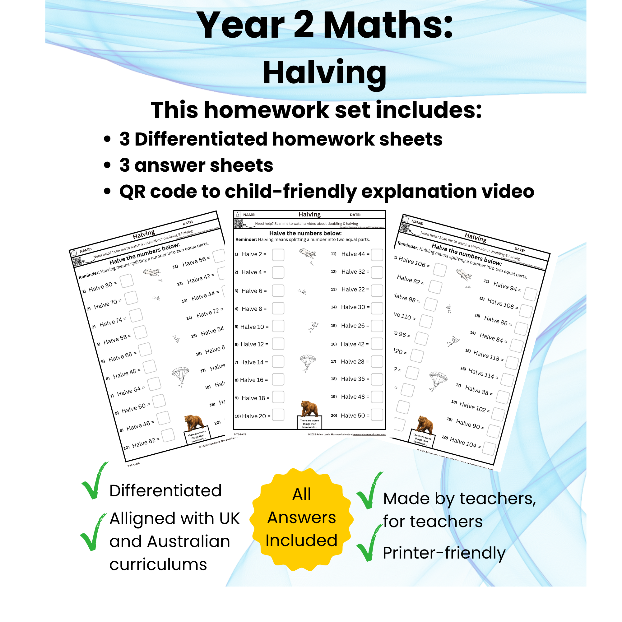 Year 2 Halving Worksheets (475-477)