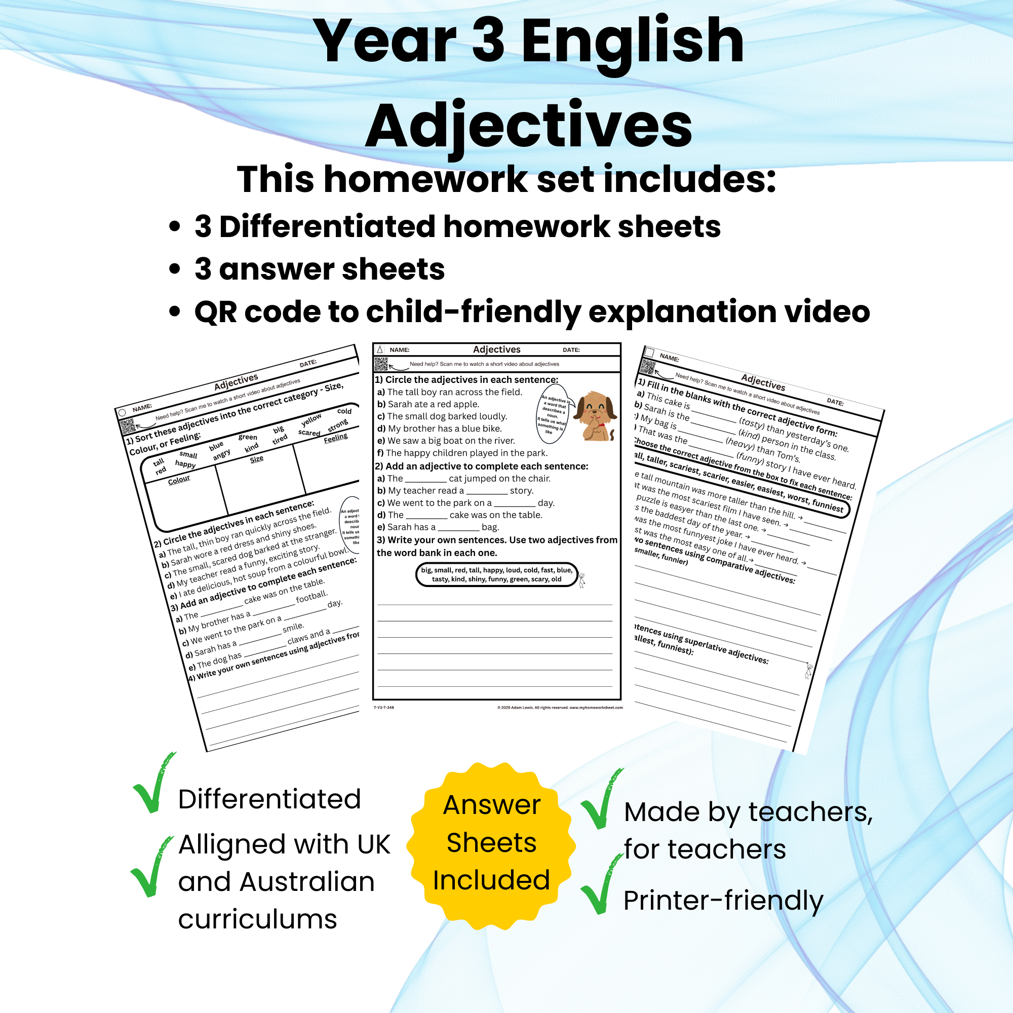 Year 3 Adjectives Homework Worksheets – Differentiated Set 349-351